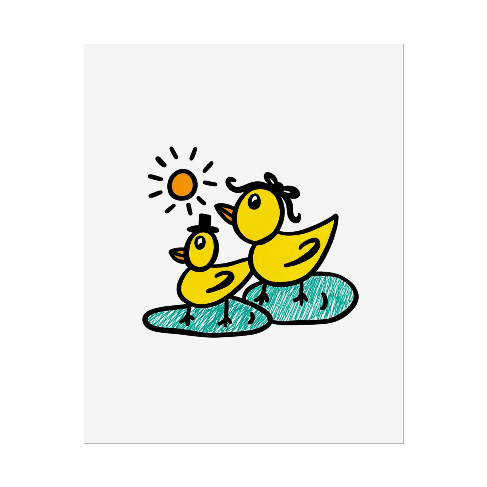 Hand-Drawn Mama Duck and Duckling Poster | Cute Duck Pond Illustration