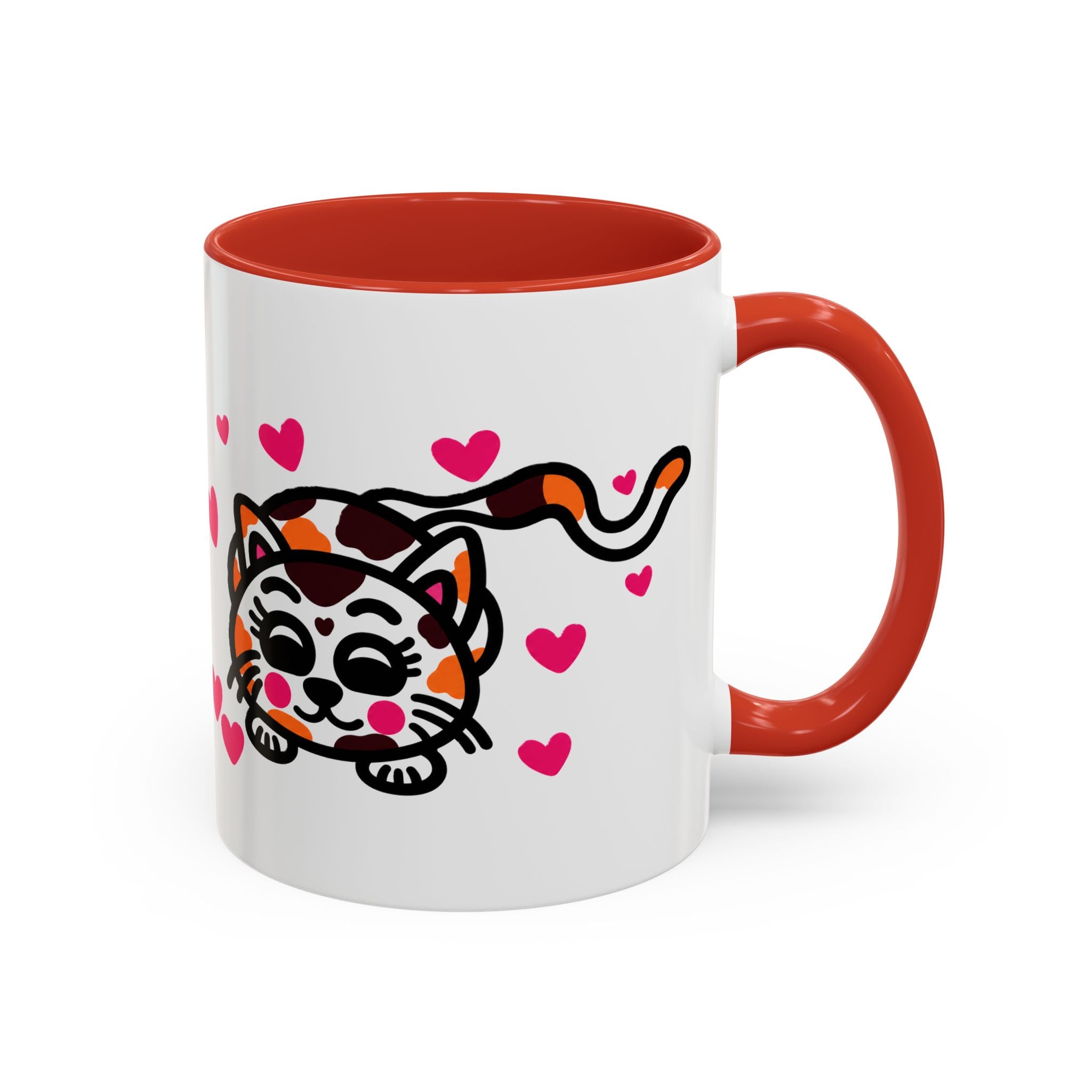 Hand-Drawn Calico Cat with Pink Hearts Mug | Accent Coffee Mug 11oz 15oz