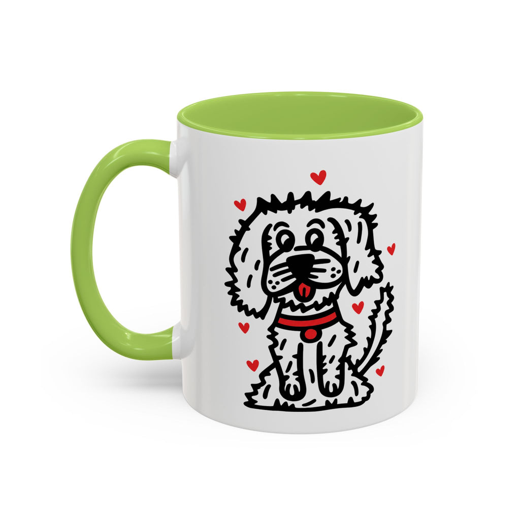Hand-Drawn Fluffy Dog Red Collar Accent Coffee Mug | White Dog Illustration