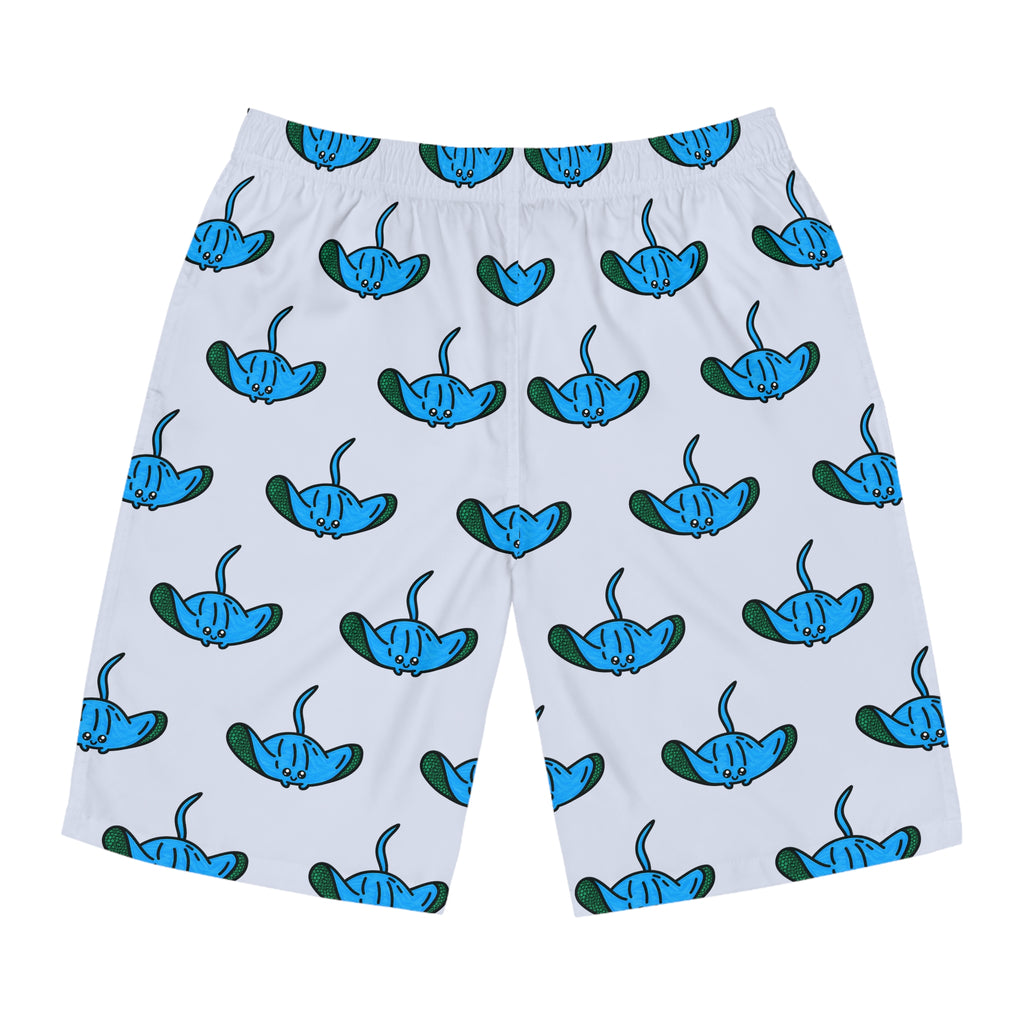 Hand-Drawn Blue Manta Ray Pattern Board Shorts | All Over Print Swim Trunks