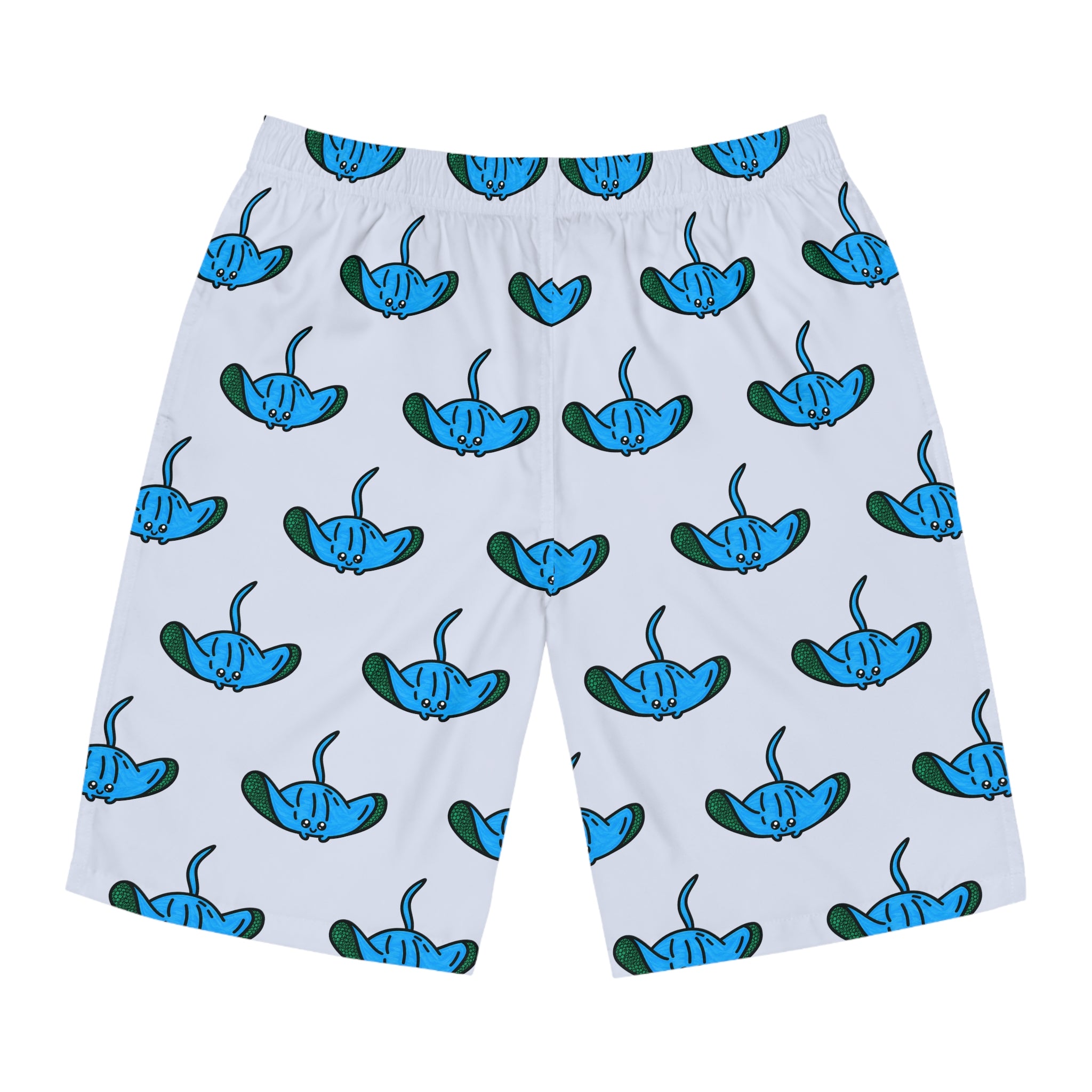 Hand-Drawn Blue Manta Ray Pattern Board Shorts | All Over Print Swim Trunks