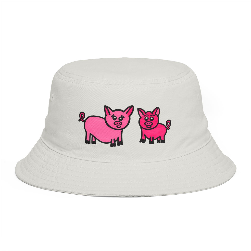 Hand-Drawn Pink Pig Duo Bucket Hat | Cute, Whimsical Farm Animal Illustration