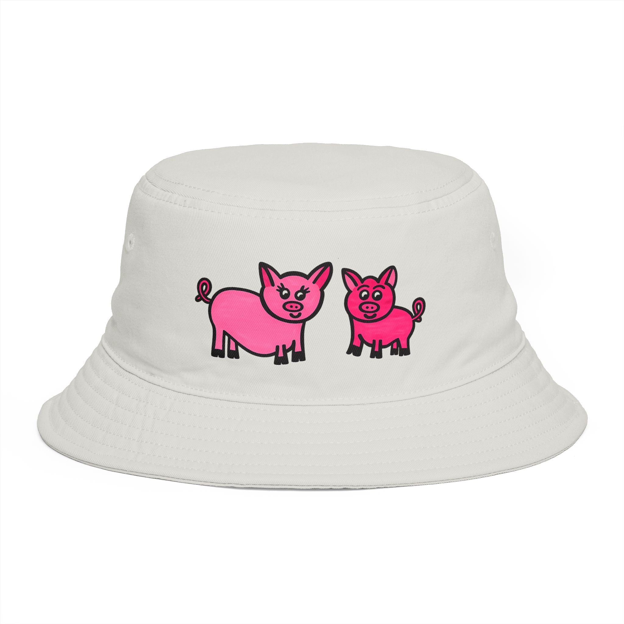 Hand-Drawn Pink Pig Duo Bucket Hat | Cute, Whimsical Farm Animal Illustration