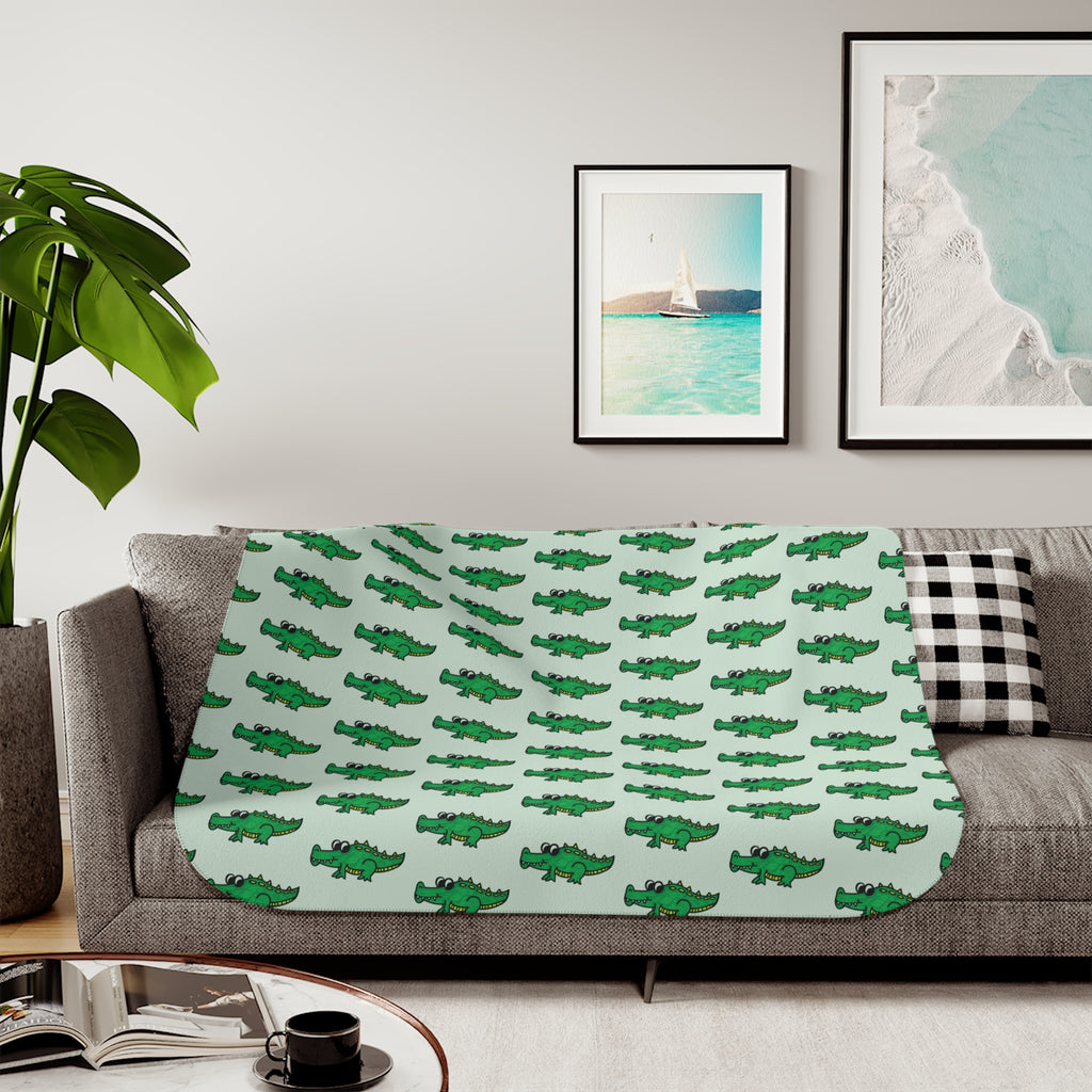 Hand-Drawn Green Alligator Repeat Sherpa Blanket | Cute Reptile Pattern Throw