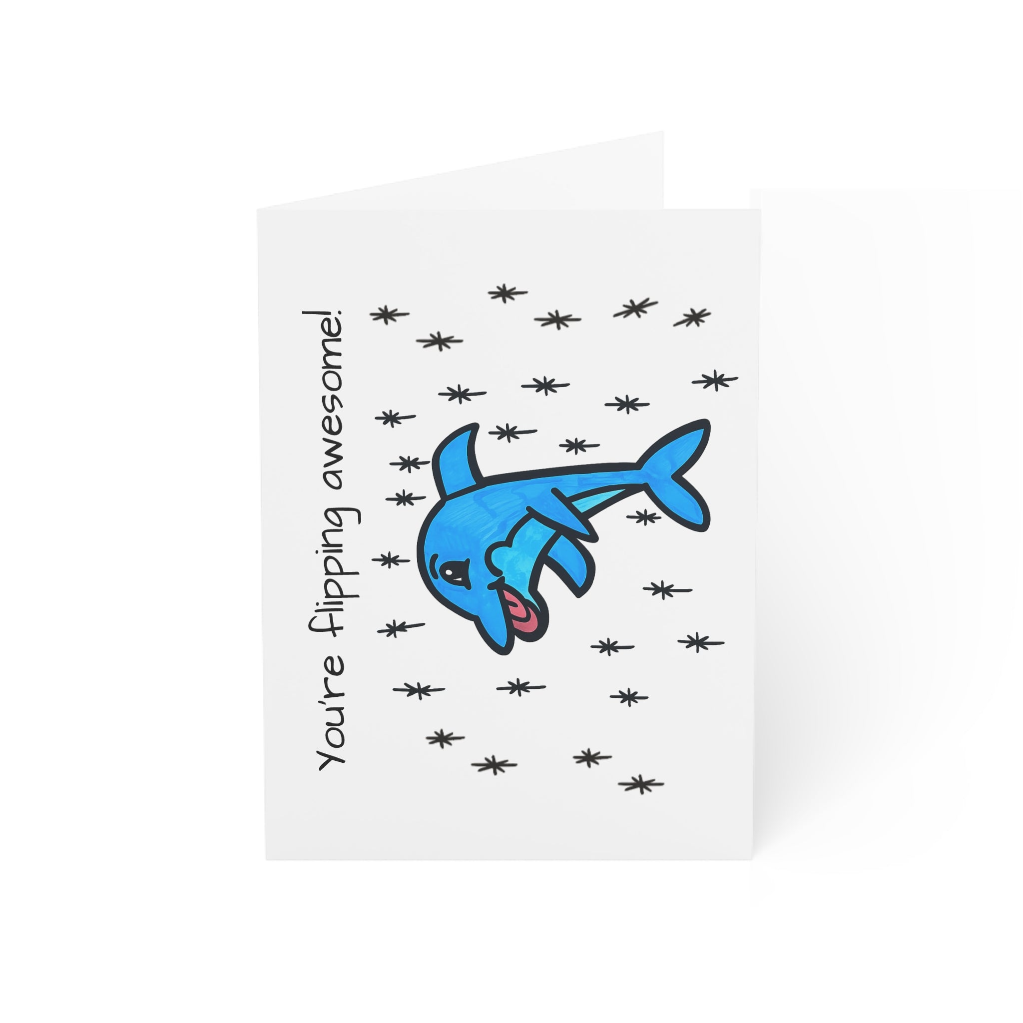 Hand-Drawn Flipping Awesome Dolphin Greeting Card | Cute Blue Dolphin Illustration