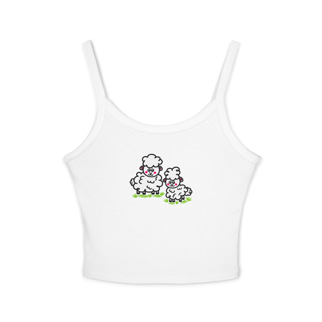 Hand-Drawn Cute Fluffy Cartoon Sheep Crop Tank Top | White, Pink, and Green Lamb Duo Graphic Spaghetti Strap Tank