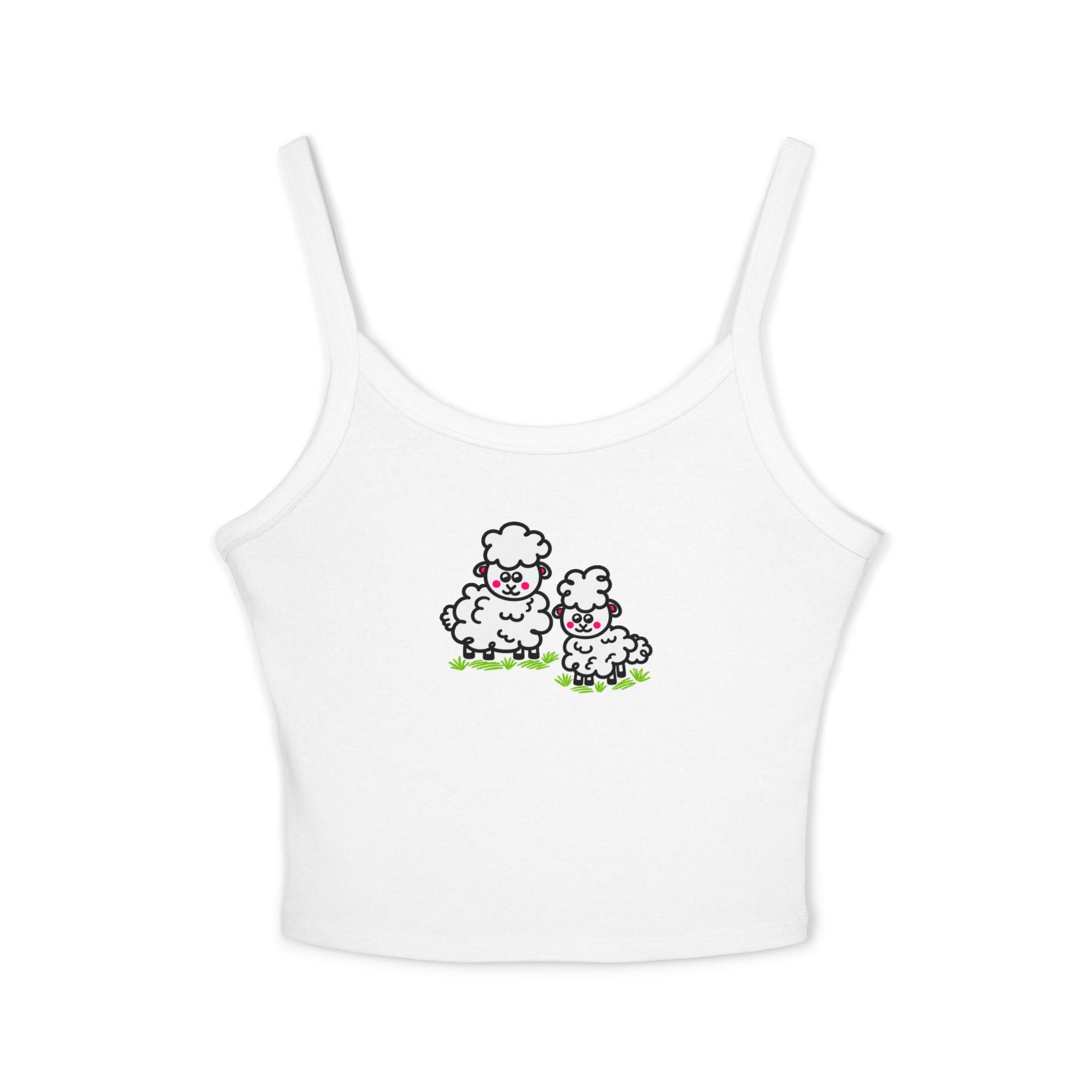 Hand-Drawn Cute Fluffy Cartoon Sheep Crop Tank Top | White, Pink, and Green Lamb Duo Graphic Spaghetti Strap Tank