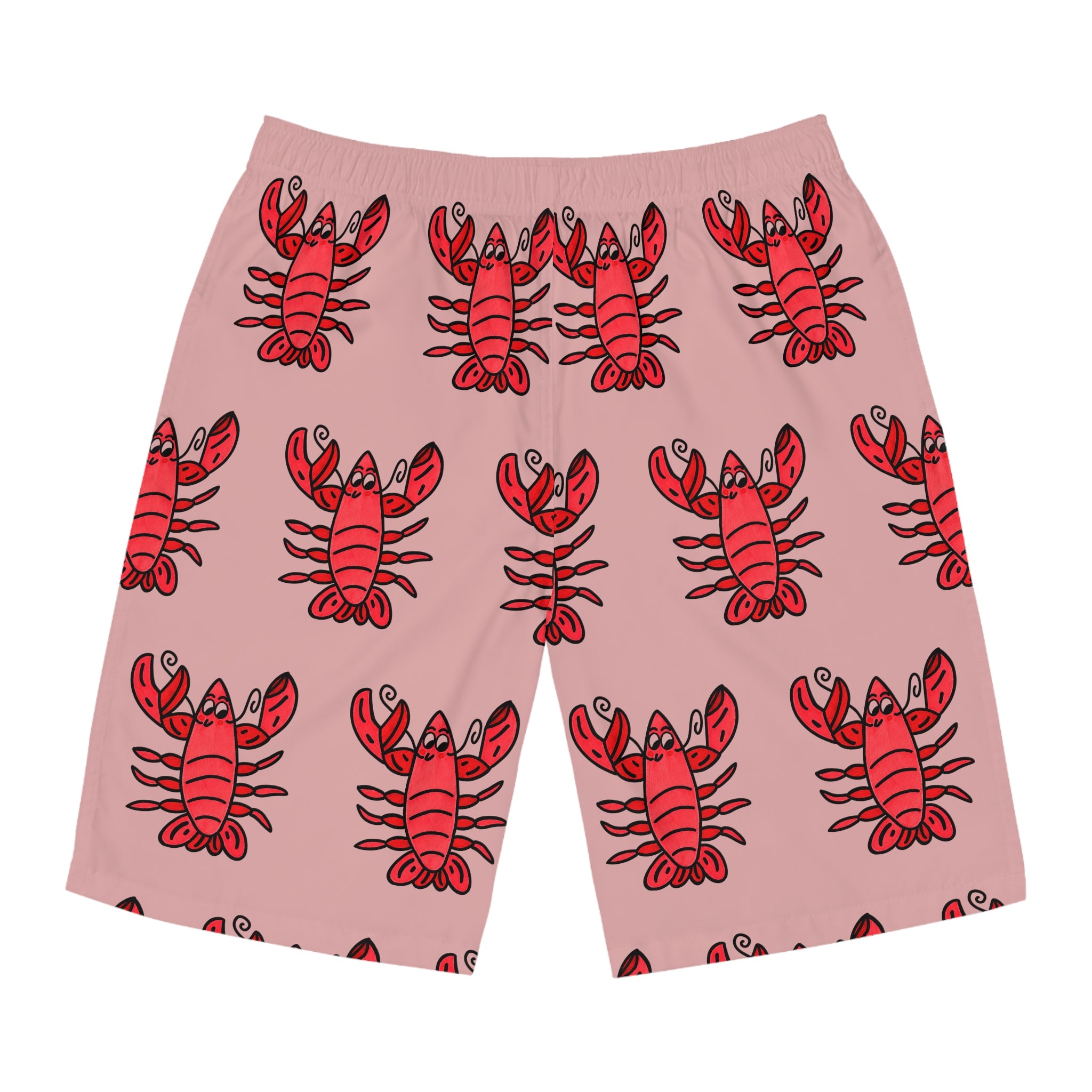 Hand-Drawn Red Lobster Pattern Men's Board Shorts | Pink All-Over Print Swim Trunks