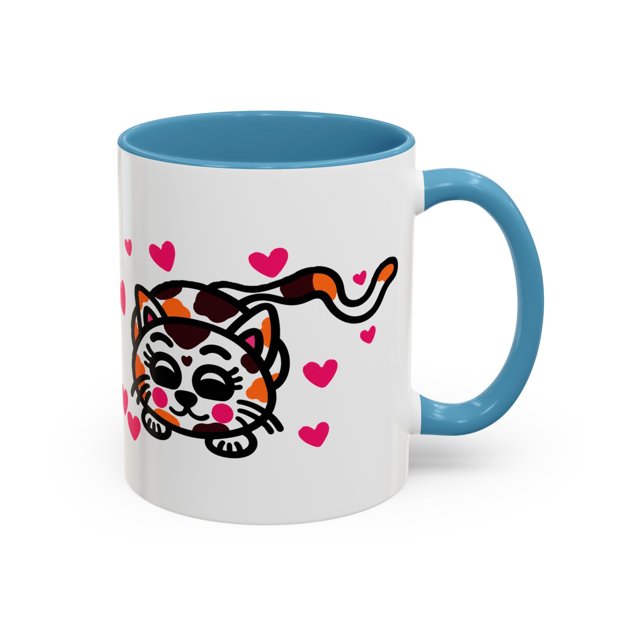 Hand-Drawn Calico Cat with Pink Hearts Mug | Accent Coffee Mug 11oz 15oz