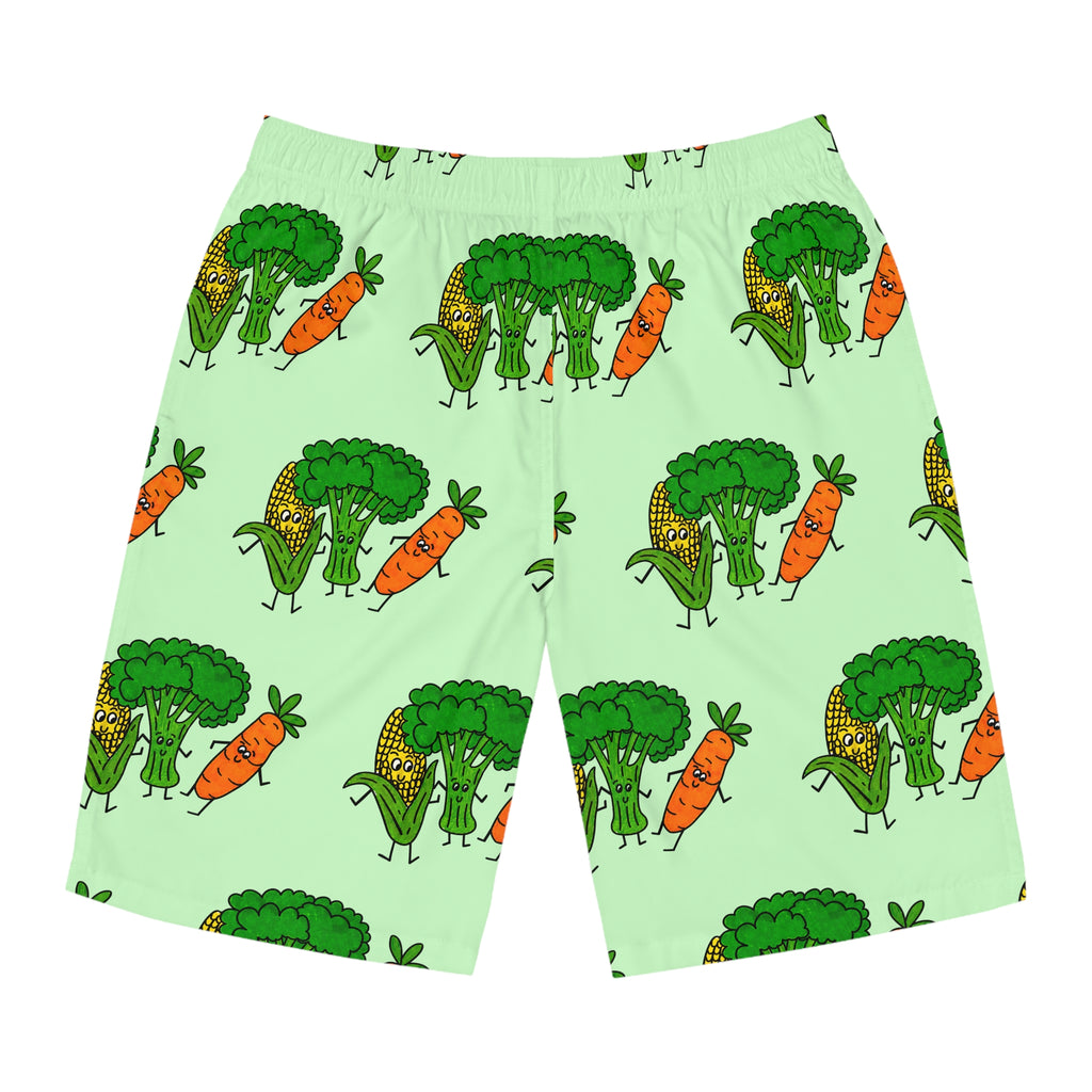 Hand-Drawn Broccoli, Corn, and Carrot Pattern Board Shorts | All-Over Print