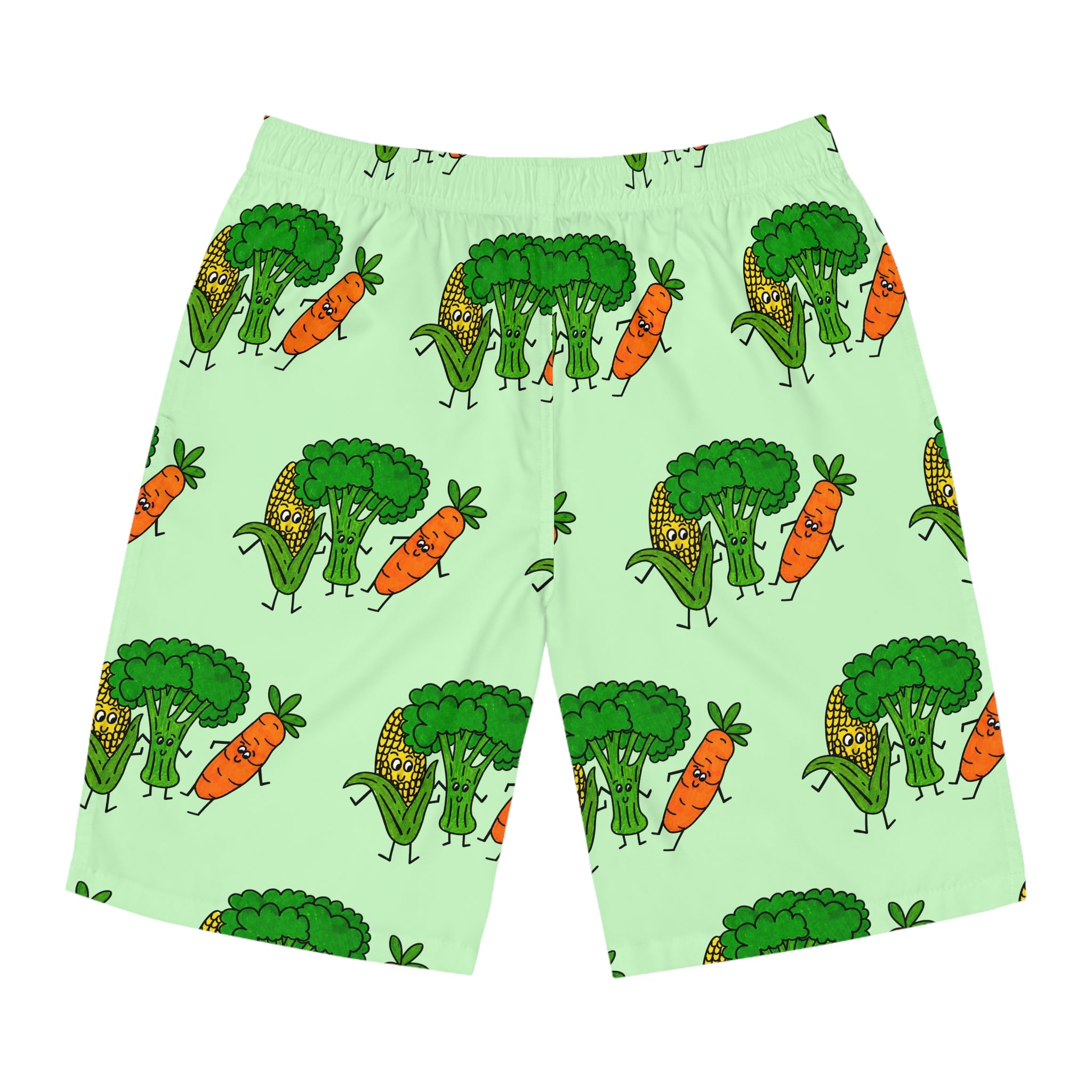 Hand-Drawn Broccoli, Corn, and Carrot Pattern Board Shorts | All-Over Print