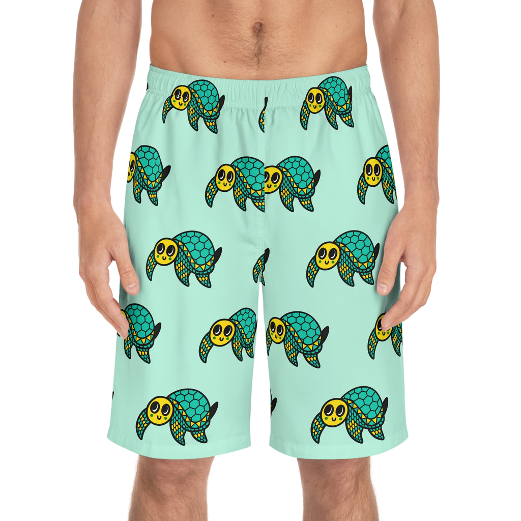 Hand-Drawn Smiling Sea Turtle Pattern Board Shorts | Aqua All-Over Print