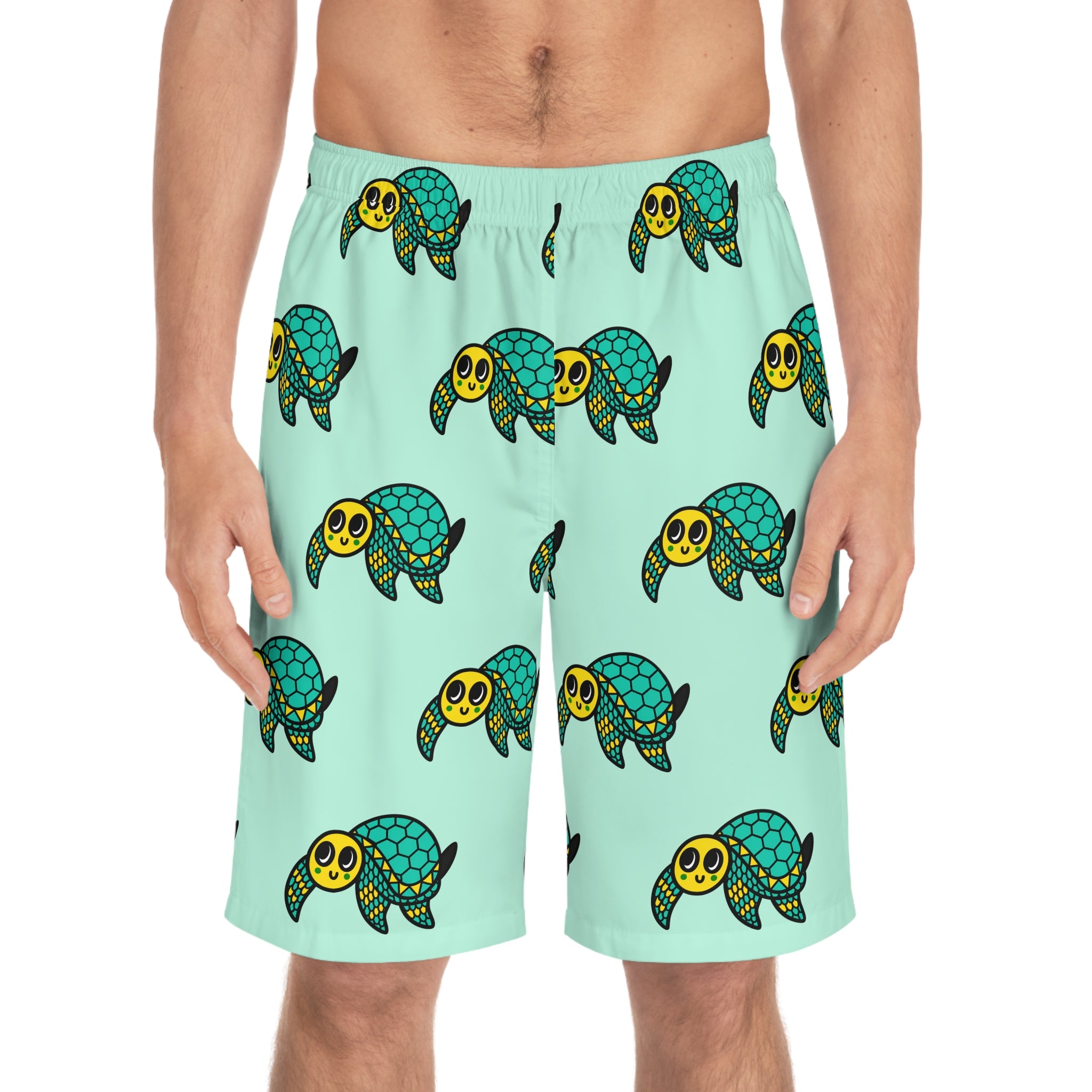 Hand-Drawn Smiling Sea Turtle Pattern Board Shorts | Aqua All-Over Print