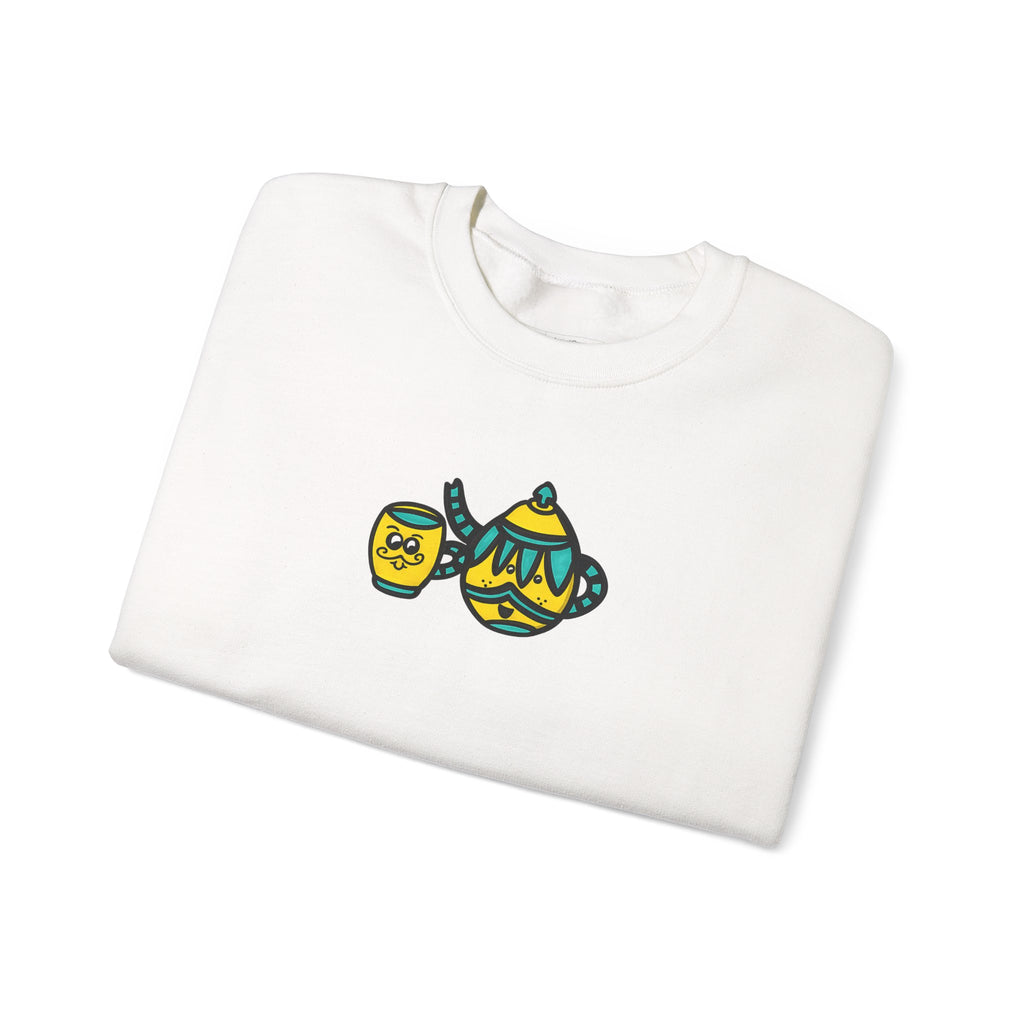 Hand-Drawn Bohemian Teatime Crewneck Sweatshirt, Cozy Yellow and Teal Unisex Sweatshirt for Tea Lovers, Cute Mustache Teapot and Cup