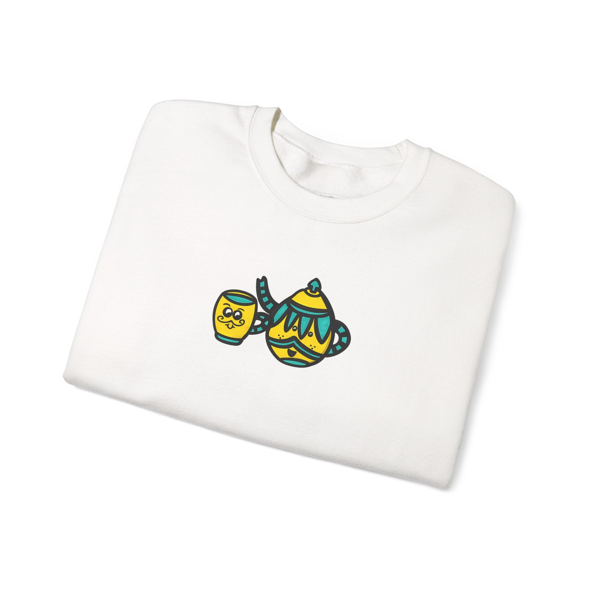 Hand-Drawn Bohemian Teatime Crewneck Sweatshirt, Cozy Yellow and Teal Unisex Sweatshirt for Tea Lovers, Cute Mustache Teapot and Cup