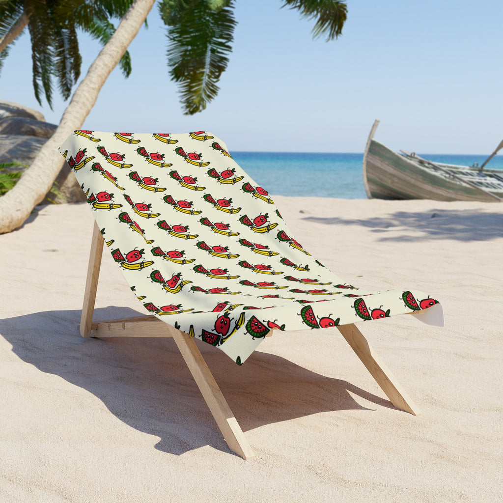 Hand-Drawn Retro Banana, Apple, and Watermelon Pattern Beach Towel | Vintage Fruit Repeat