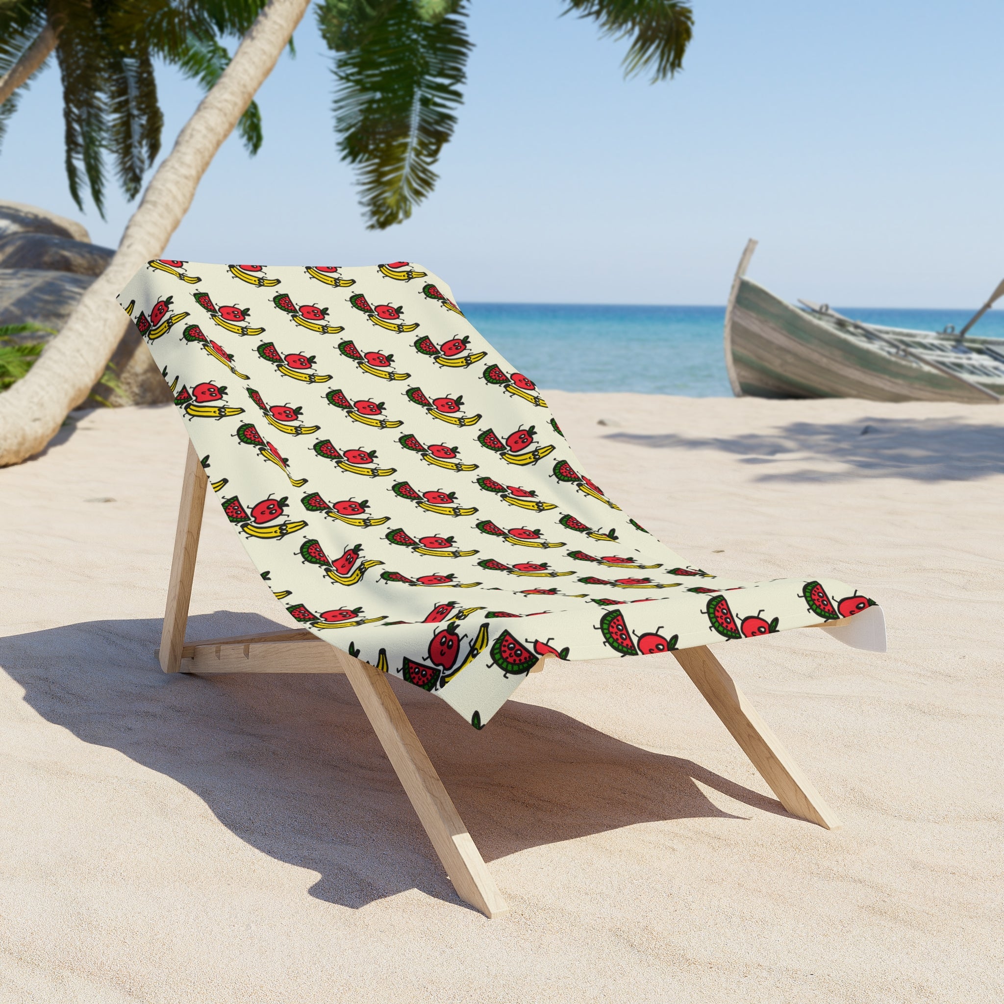 Hand-Drawn Retro Banana, Apple, and Watermelon Pattern Beach Towel | Vintage Fruit Repeat