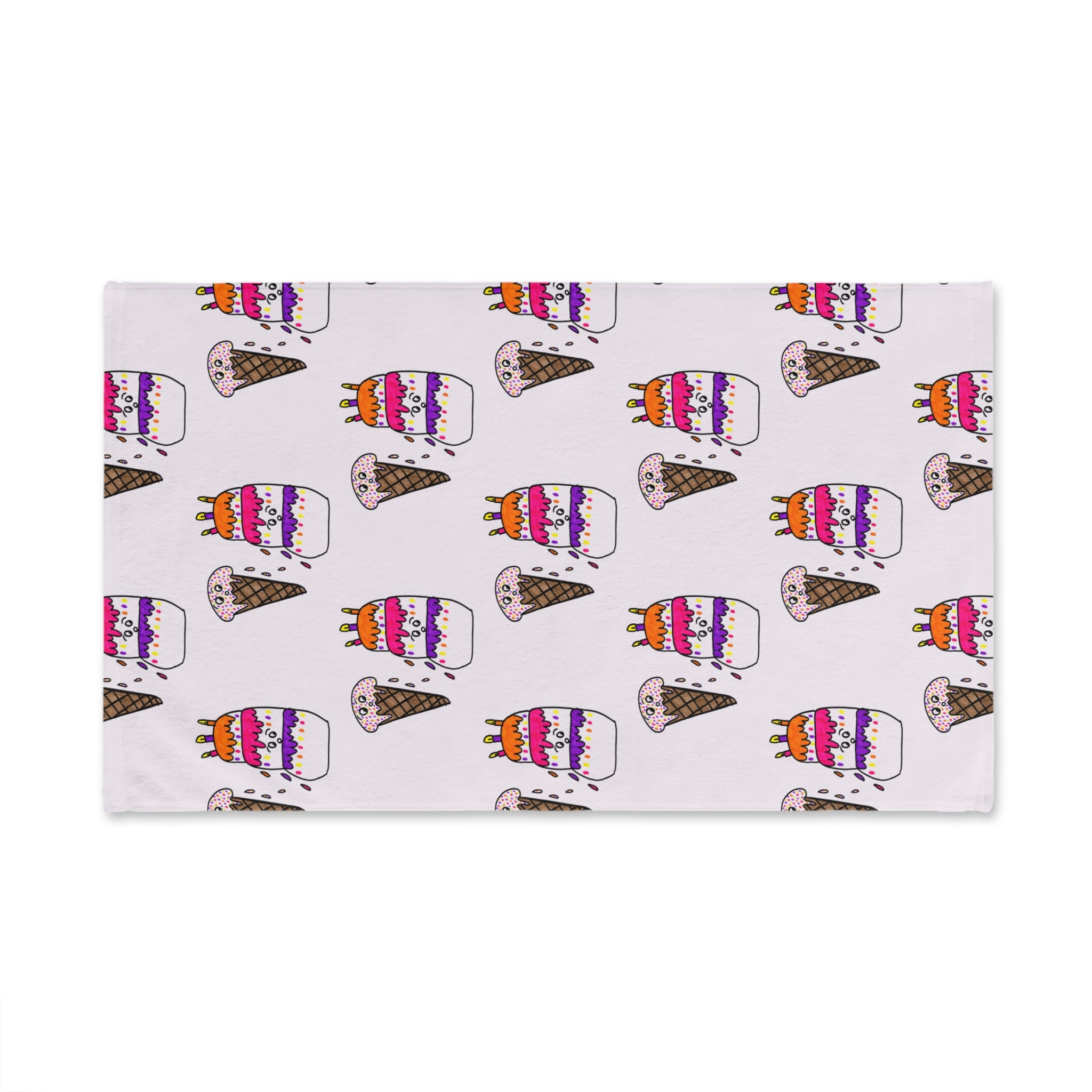 Hand-Drawn Ice Cream Cone and Cake Pattern Hand Towel | Colorful Sprinkles Birthday Dessert Design