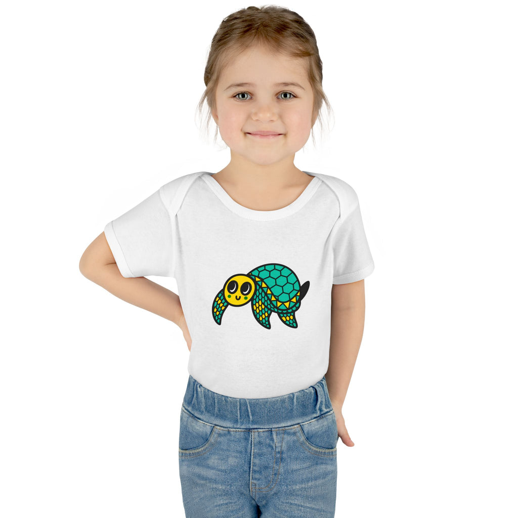 Hand-Drawn Cute Sea Turtle Illustration Infant Bodysuit | Teal Yellow Baby Turtle