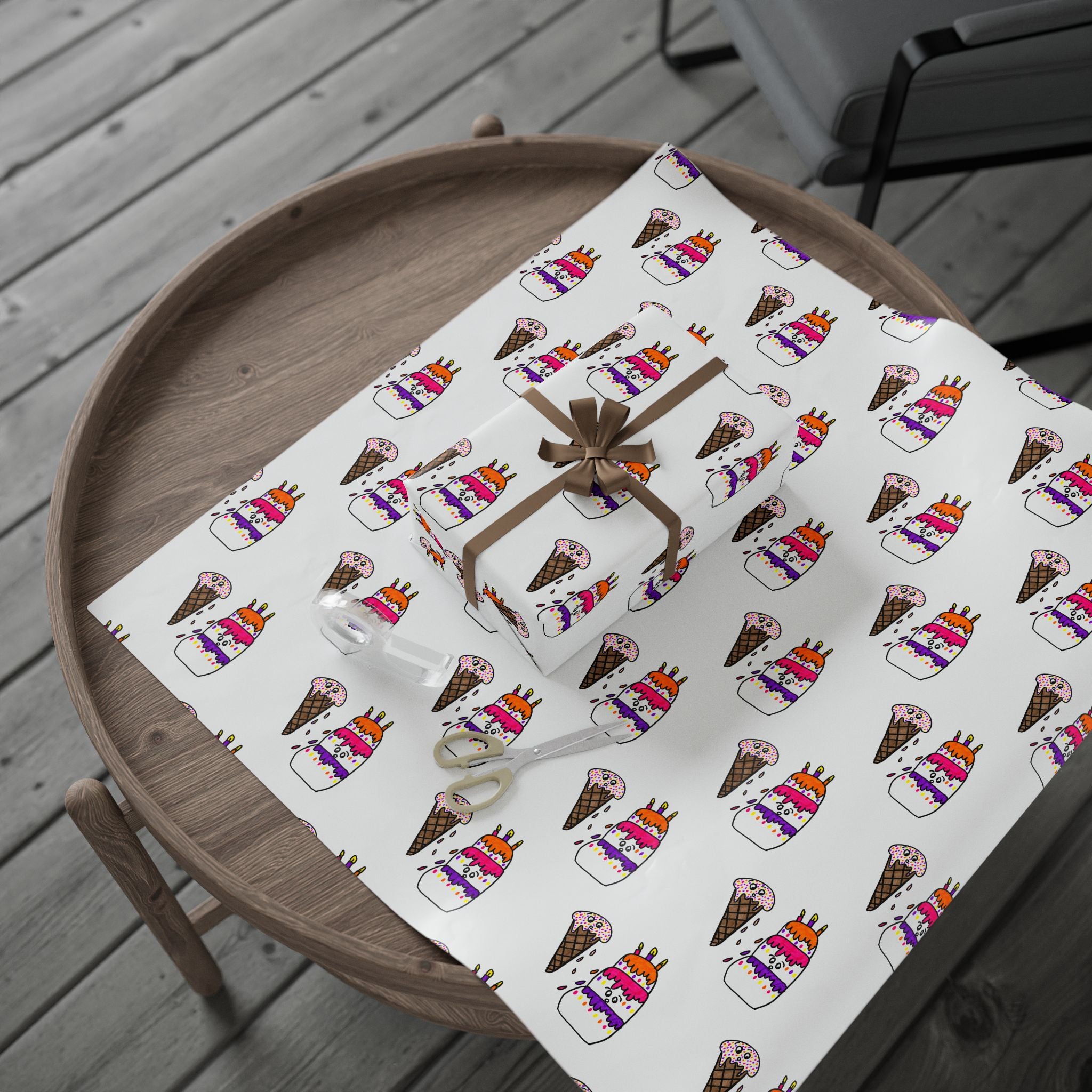Hand-Drawn Colorful Birthday Party Wrapping Paper | Birthday Gift Wrap, Cute Cake, Ice Cream Pattern