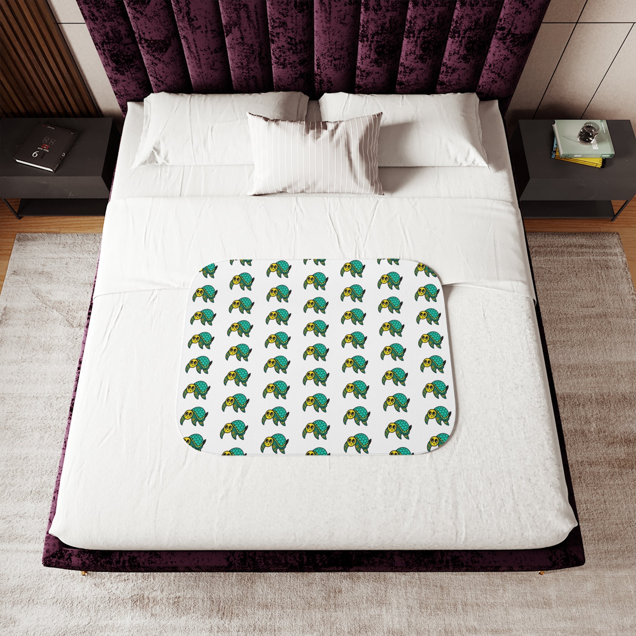 Hand-Drawn Green and Yellow Turtle Pattern Sherpa Blanket | Repeating Sea Turtle Design, Cozy Ocean Throw