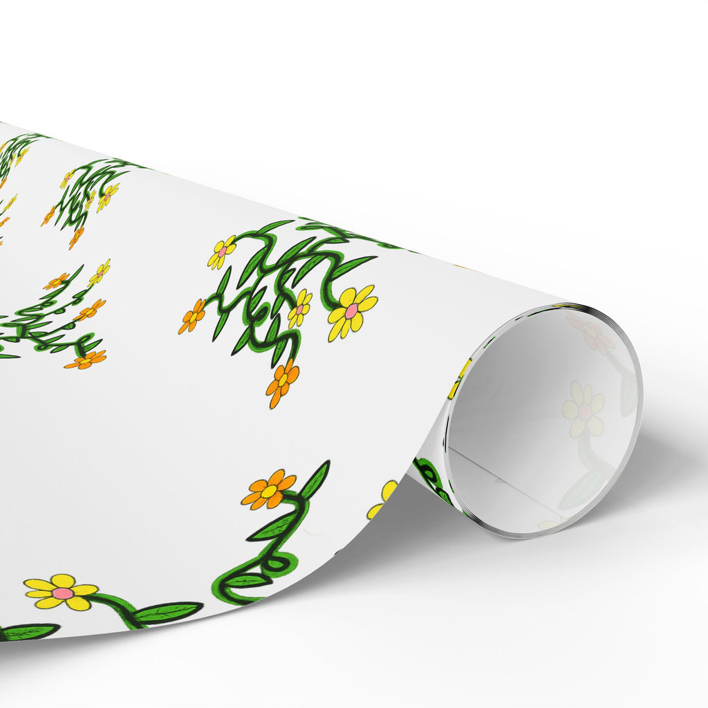 Hand-Drawn Yellow Orange Pink Flowers on Green Vine Wrapping Papers