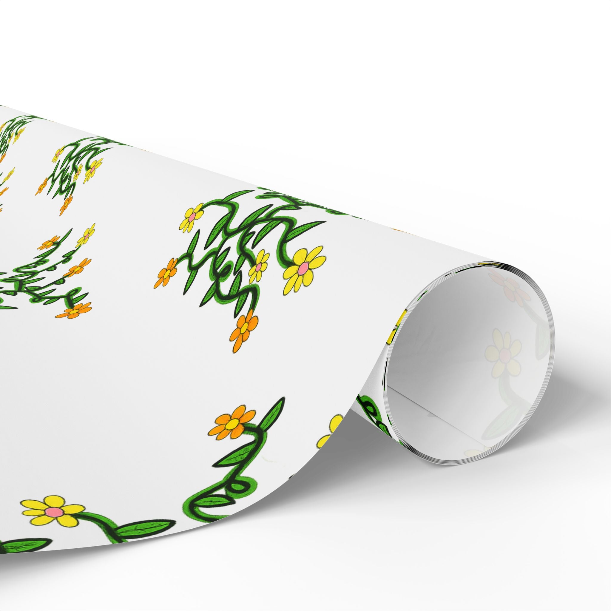 Hand-Drawn Yellow Orange Pink Flowers on Green Vine Wrapping Papers