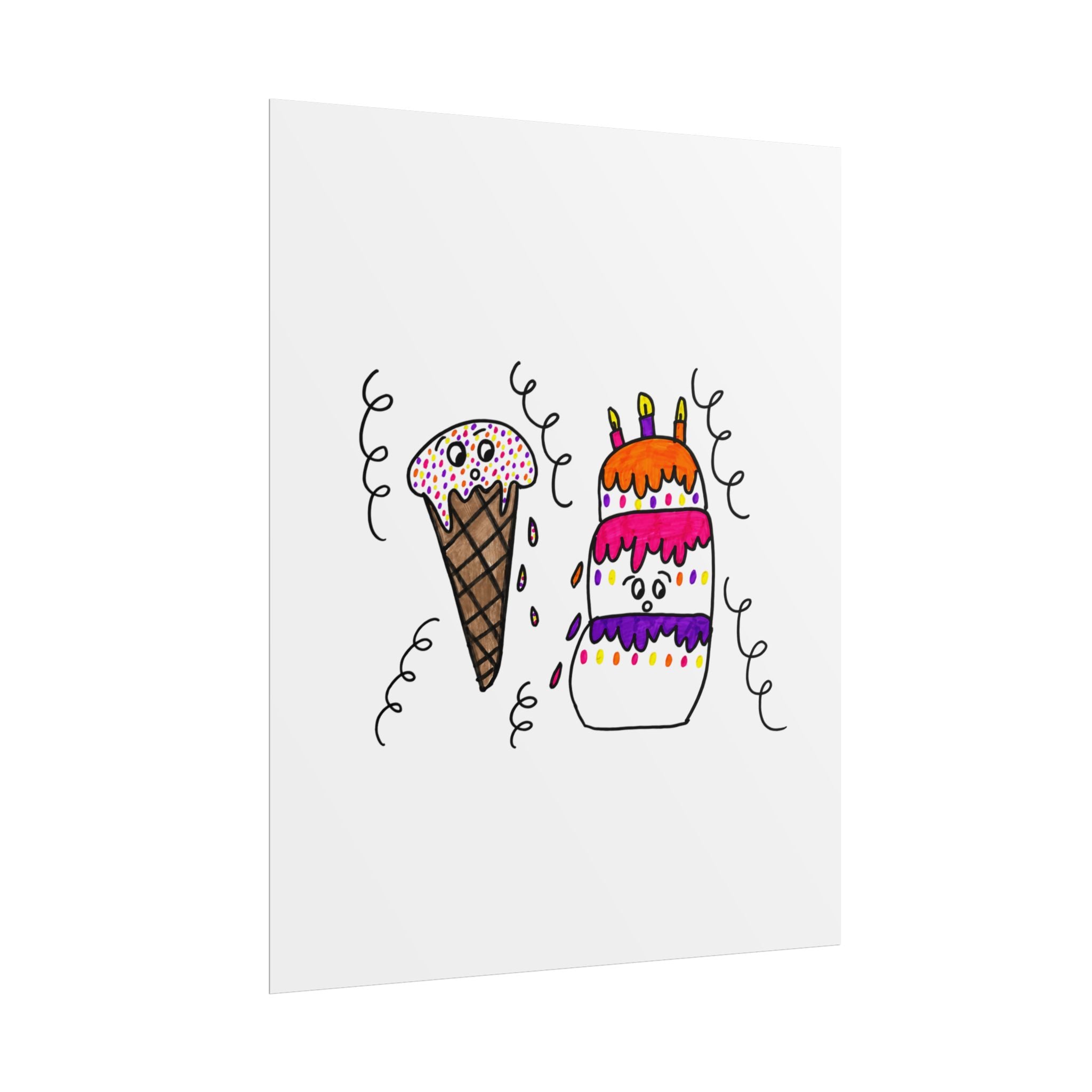 Hand-Drawn Ice Cream Cone and Birthday Cake Poster | Rolled Poster, Cute Dessert Art