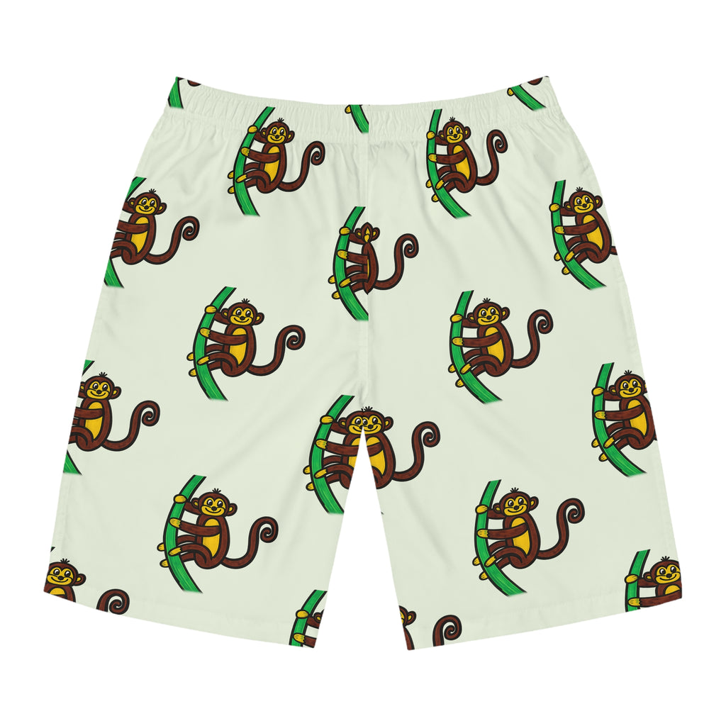 Hand-Drawn Cartoon Monkey Pattern Men's Board Shorts | Tropical Tree Swim Trunks