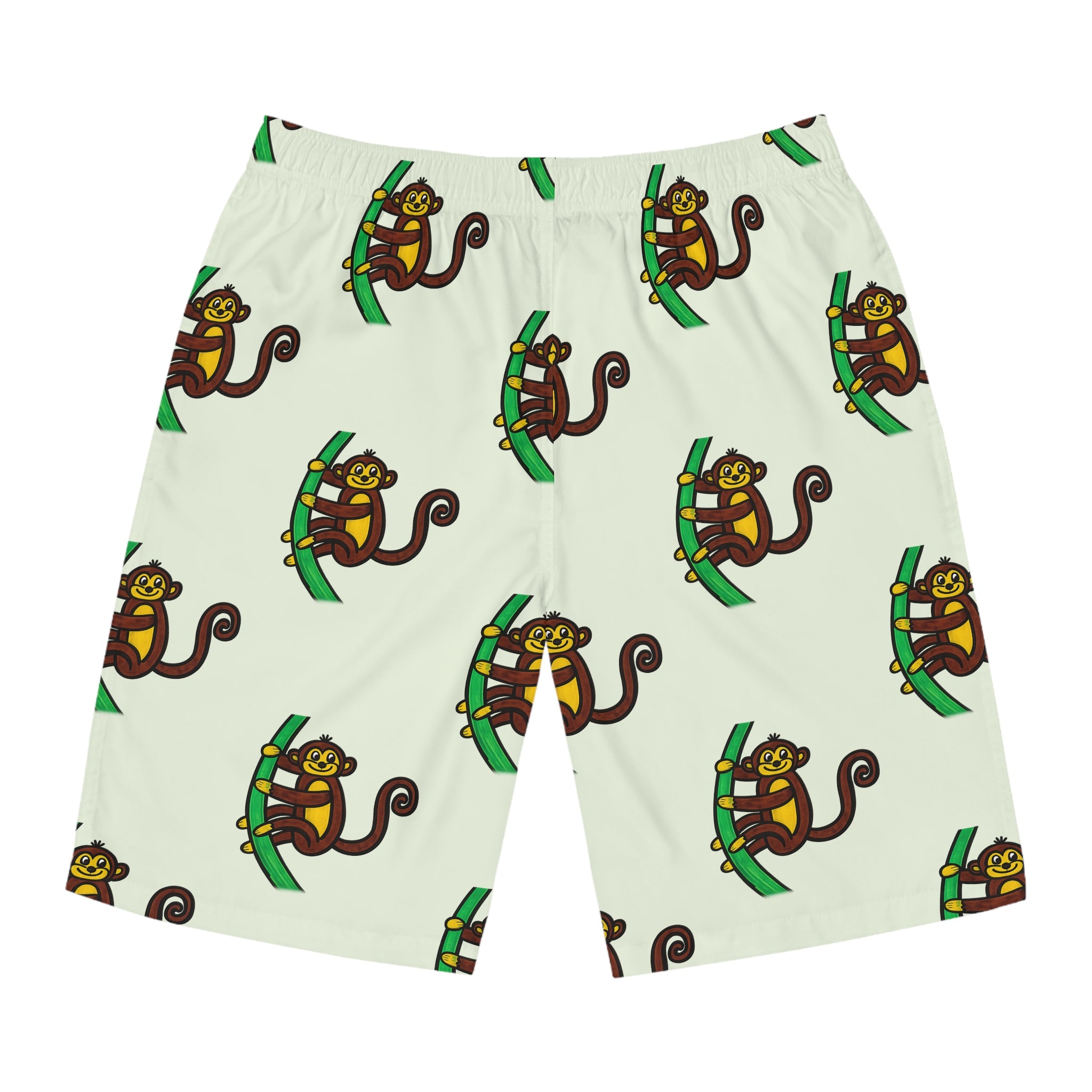 Hand-Drawn Cartoon Monkey Pattern Men's Board Shorts | Tropical Tree Swim Trunks