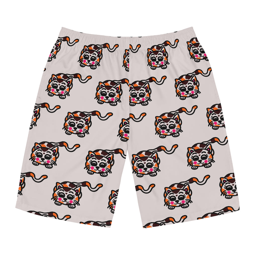 Hand-Drawn Cute Calico Cat Pattern Board Shorts | All-Over Print Swim Trunks