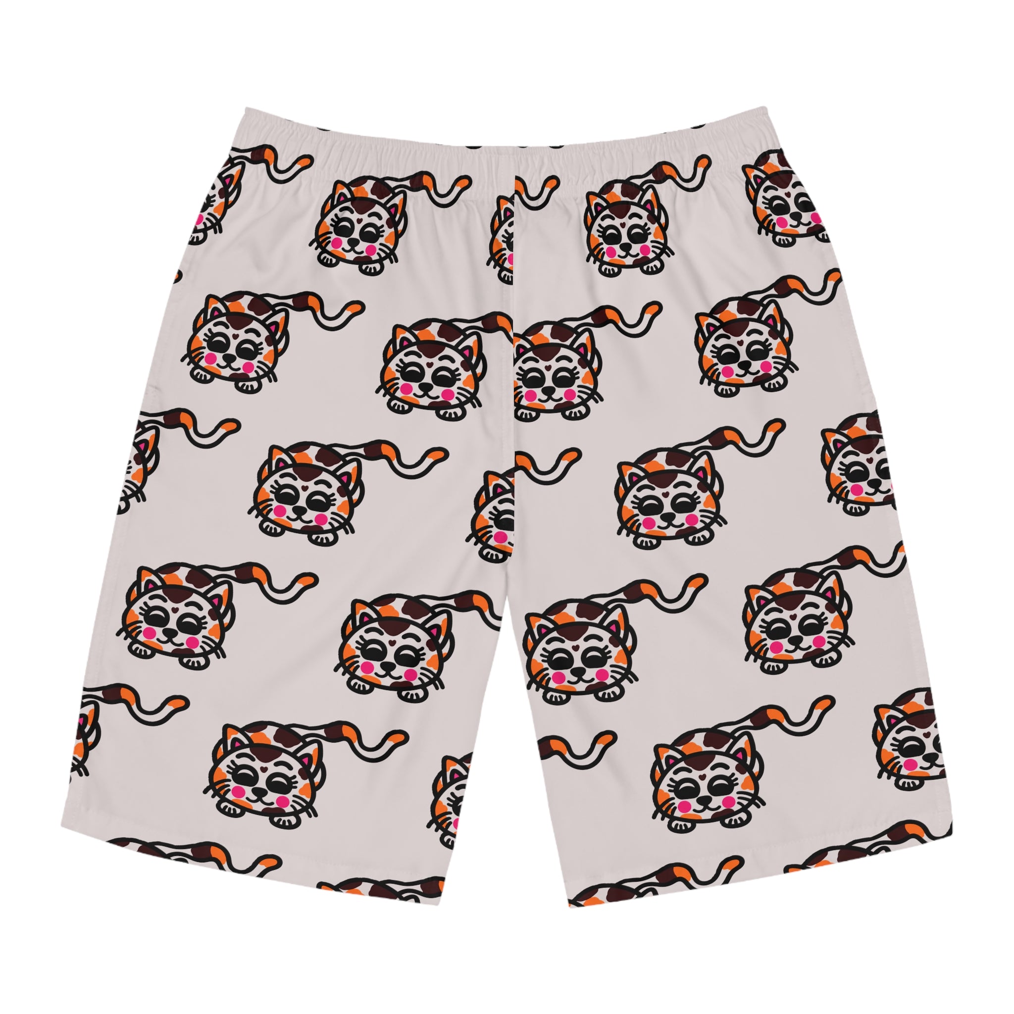 Hand-Drawn Cute Calico Cat Pattern Board Shorts | All-Over Print Swim Trunks