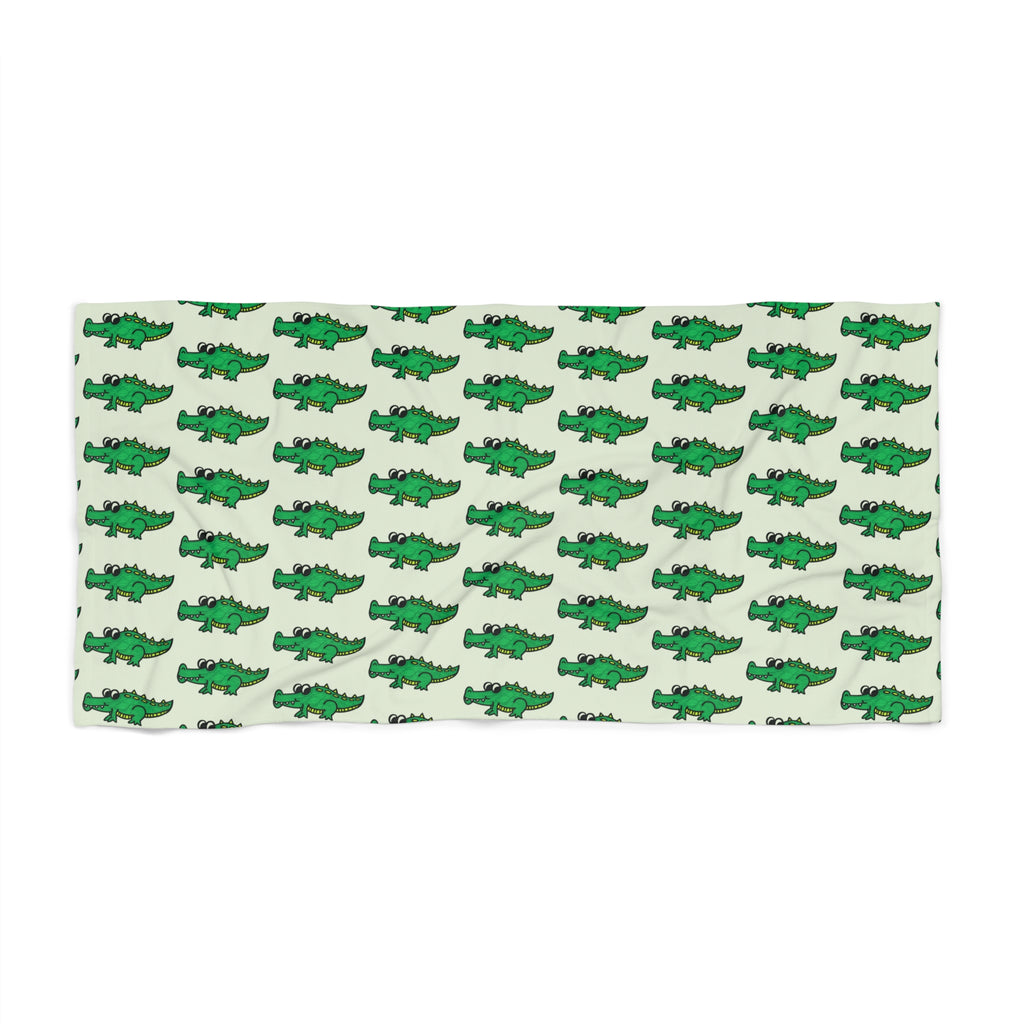 Hand-Drawn Green Crocodile Pattern Beach Towel | Tropical Alligator Repeat