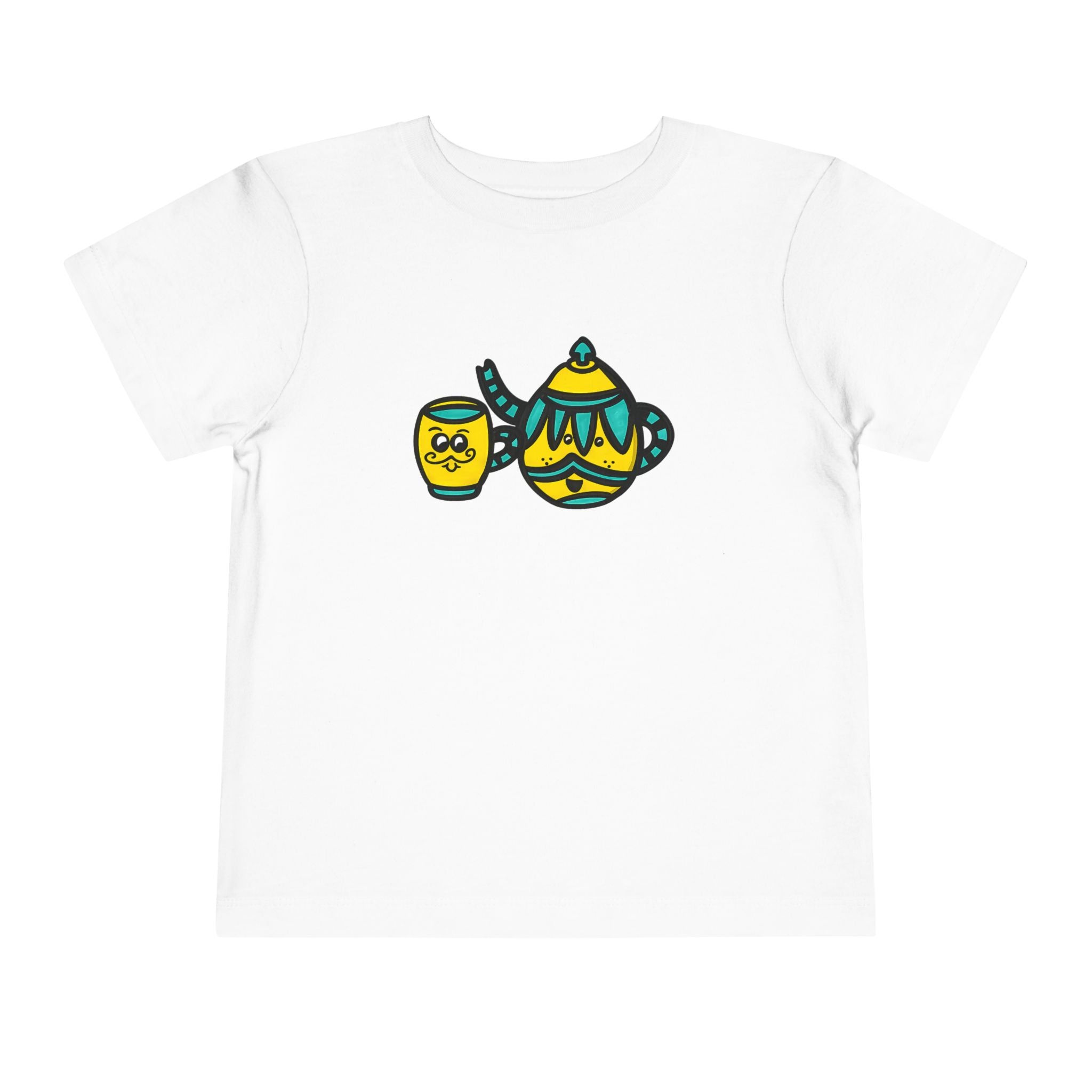 Hand-Drawn Yellow and Teal Mustache Tea Pot and Cup Illustration Toddler Tee | Cute Teatime Kids Shirt