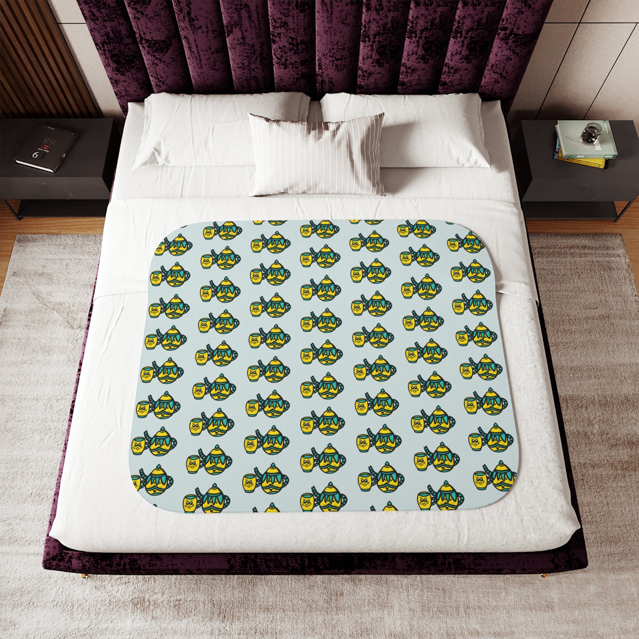 Hand-Drawn Teal and Yellow Teapot and Mug Pattern Sherpa Blanket | Repeating Cozy Tea party Print