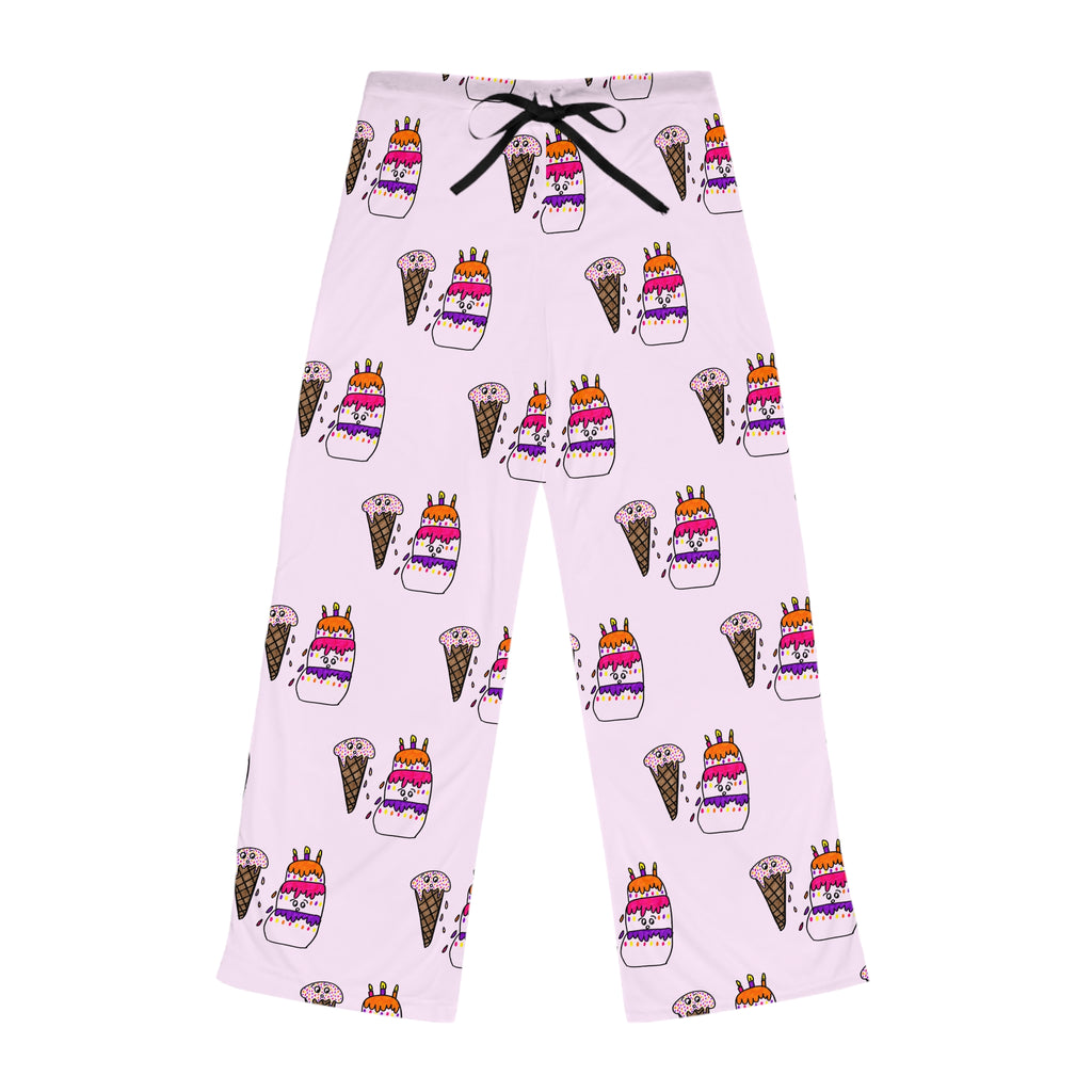 Hand-Drawn Ice Cream Cone and Cake Birthday Pattern Pajama Pants | Pink All-Over Print