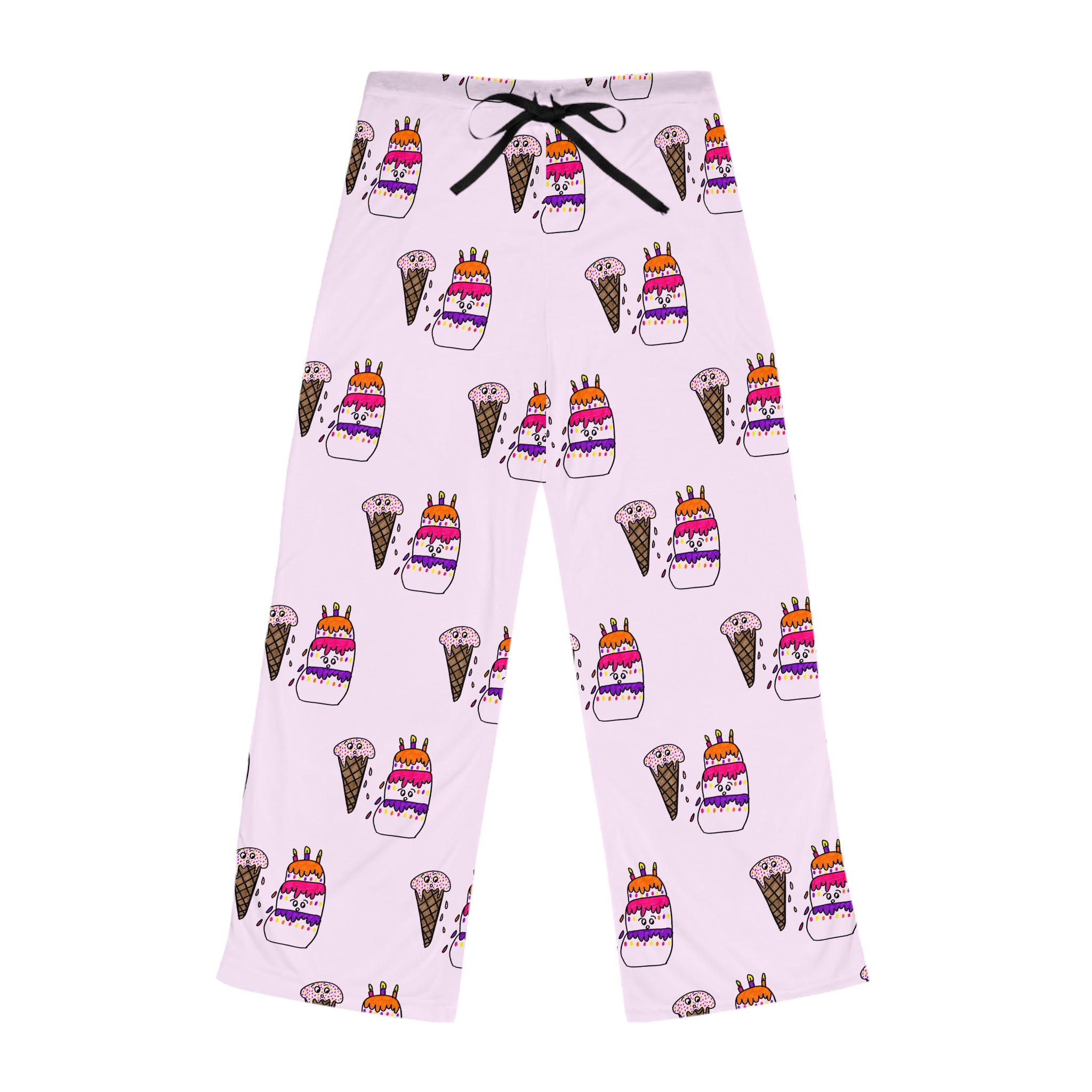 Hand-Drawn Ice Cream Cone and Cake Birthday Pattern Pajama Pants | Pink All-Over Print