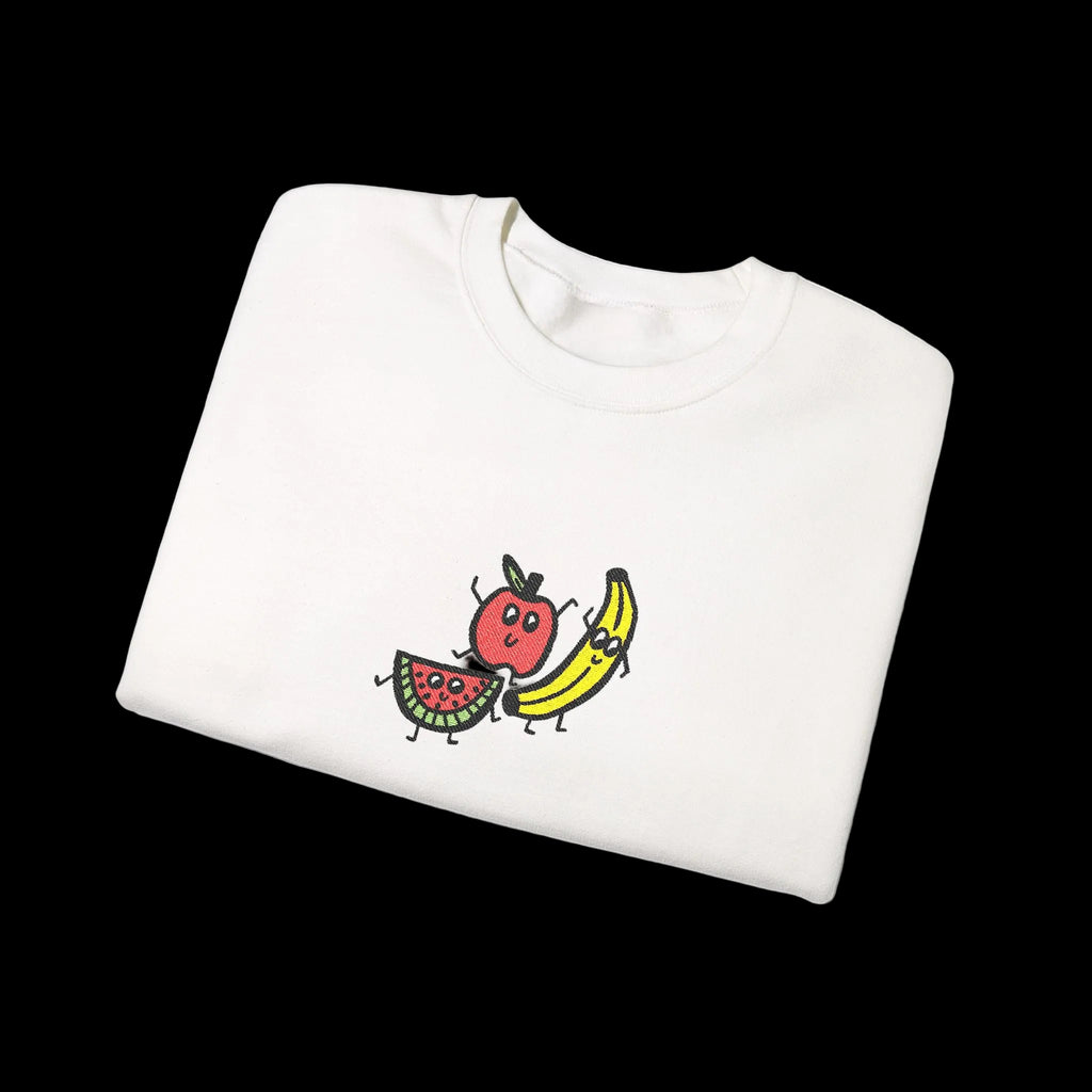 Hand-Drawn Smiling Fruit Trio Sweatshirt | Cute Watermelon Apple Banana Embroidery