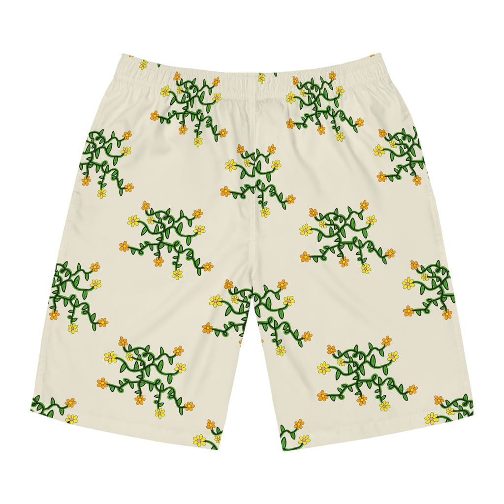 Hand-Drawn Yellow Orange Pink Floral Vine Pattern Board Shorts | AOP All-Over Print