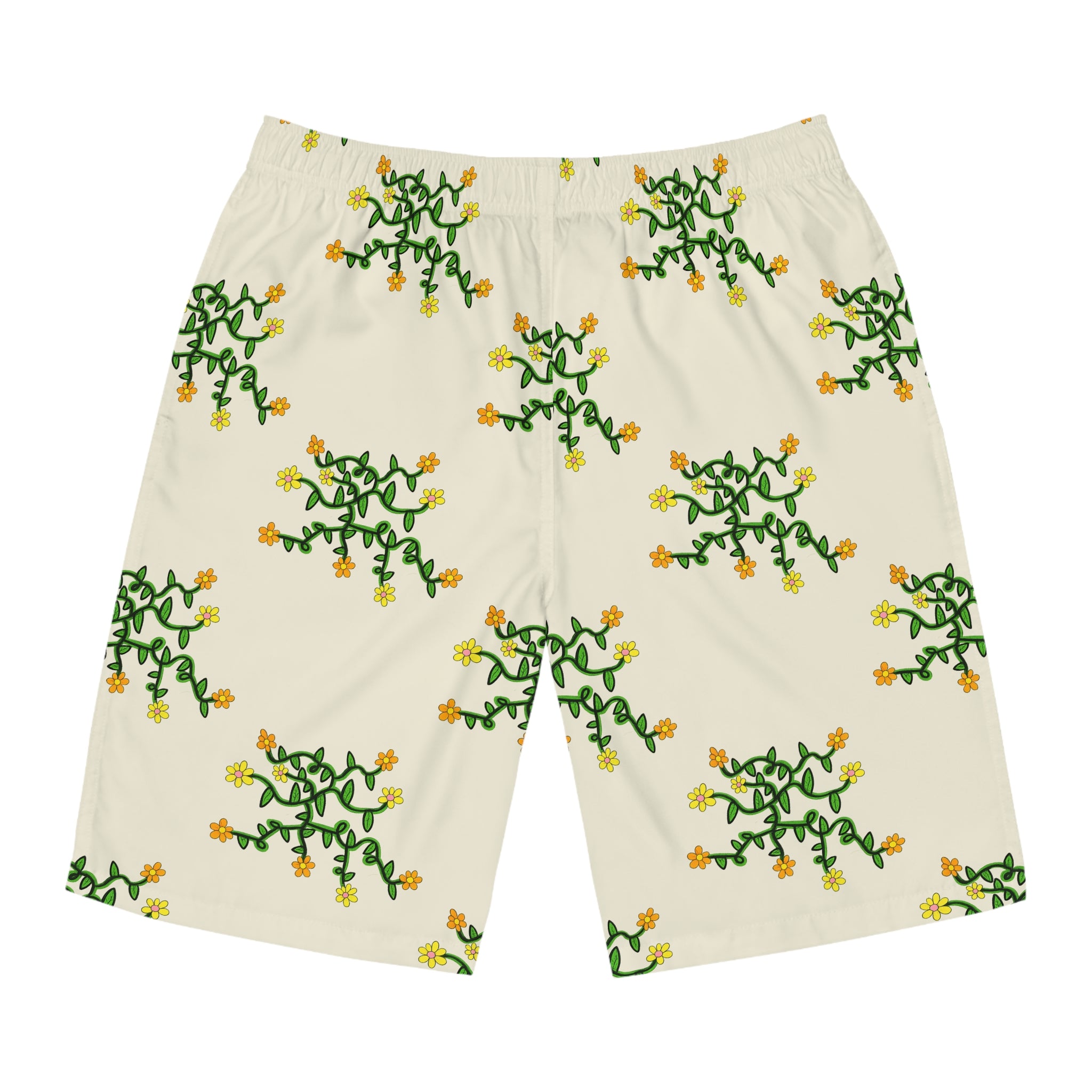 Hand-Drawn Yellow Orange Pink Floral Vine Pattern Board Shorts | AOP All-Over Print