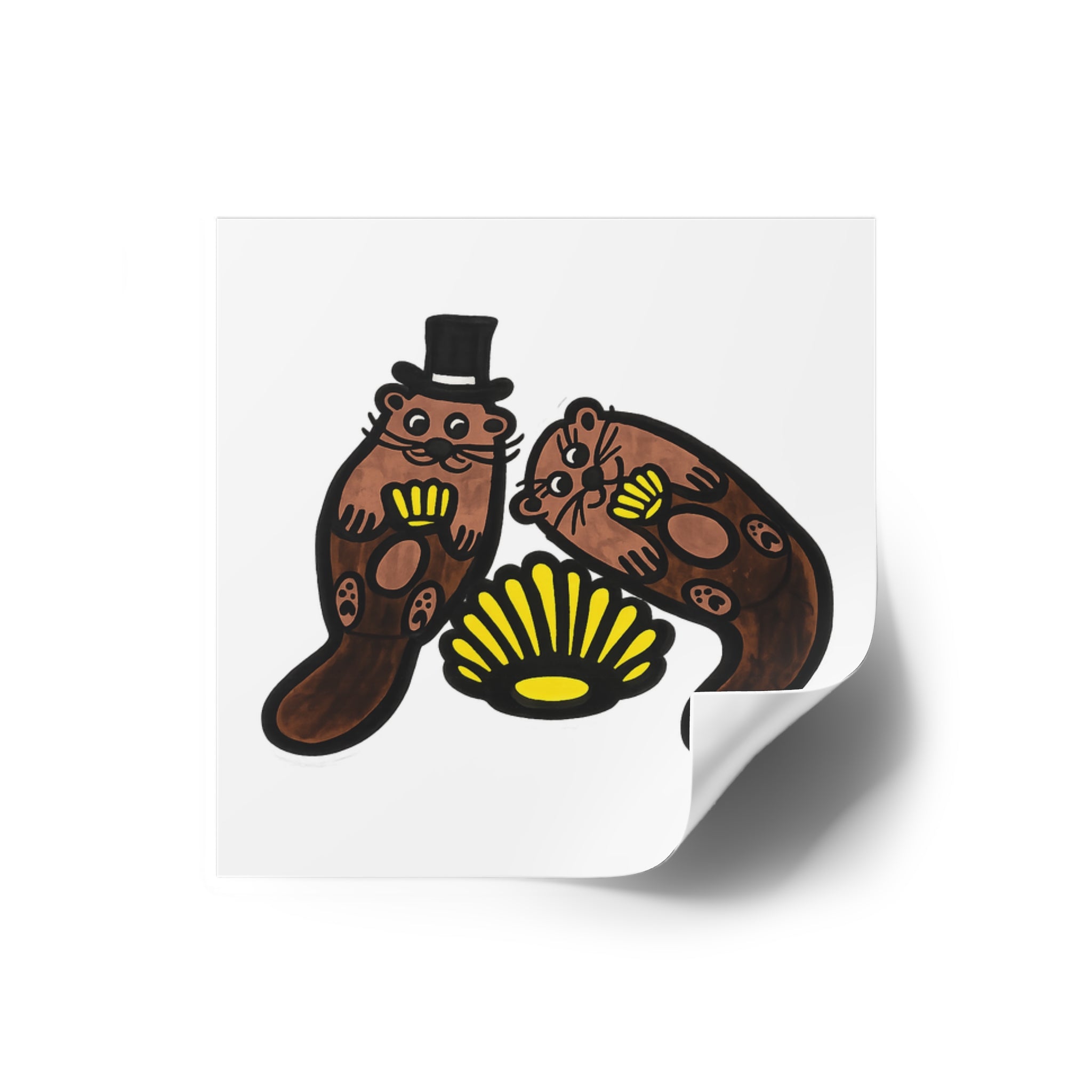 Hand-Drawn Otter Couple Shell Square Sticker | Indoor Outdoor Vinyl Sticker