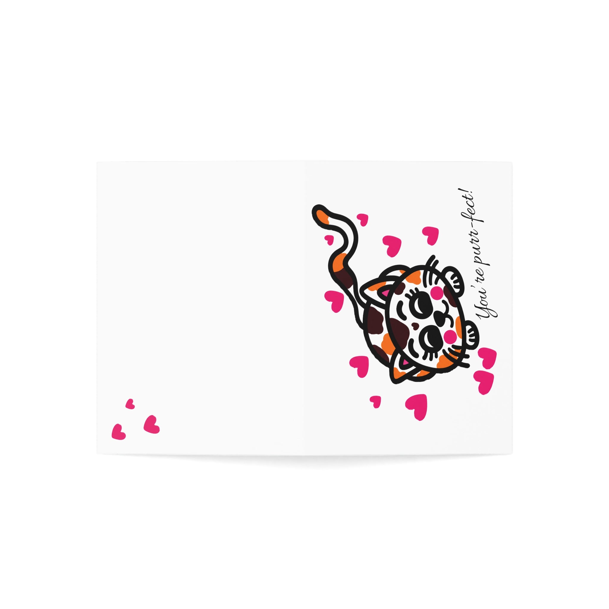 Hand-Drawn Purring Cute Calico Kitty with Pink Hearts Cards | Cute Cat Illustration Greeting Cards