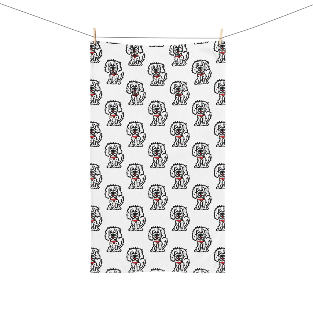 Hand-Drawn Cartoon Fluffy White Dog with Red Collar Pattern Hand Towel | Cute Dog Repeat Design