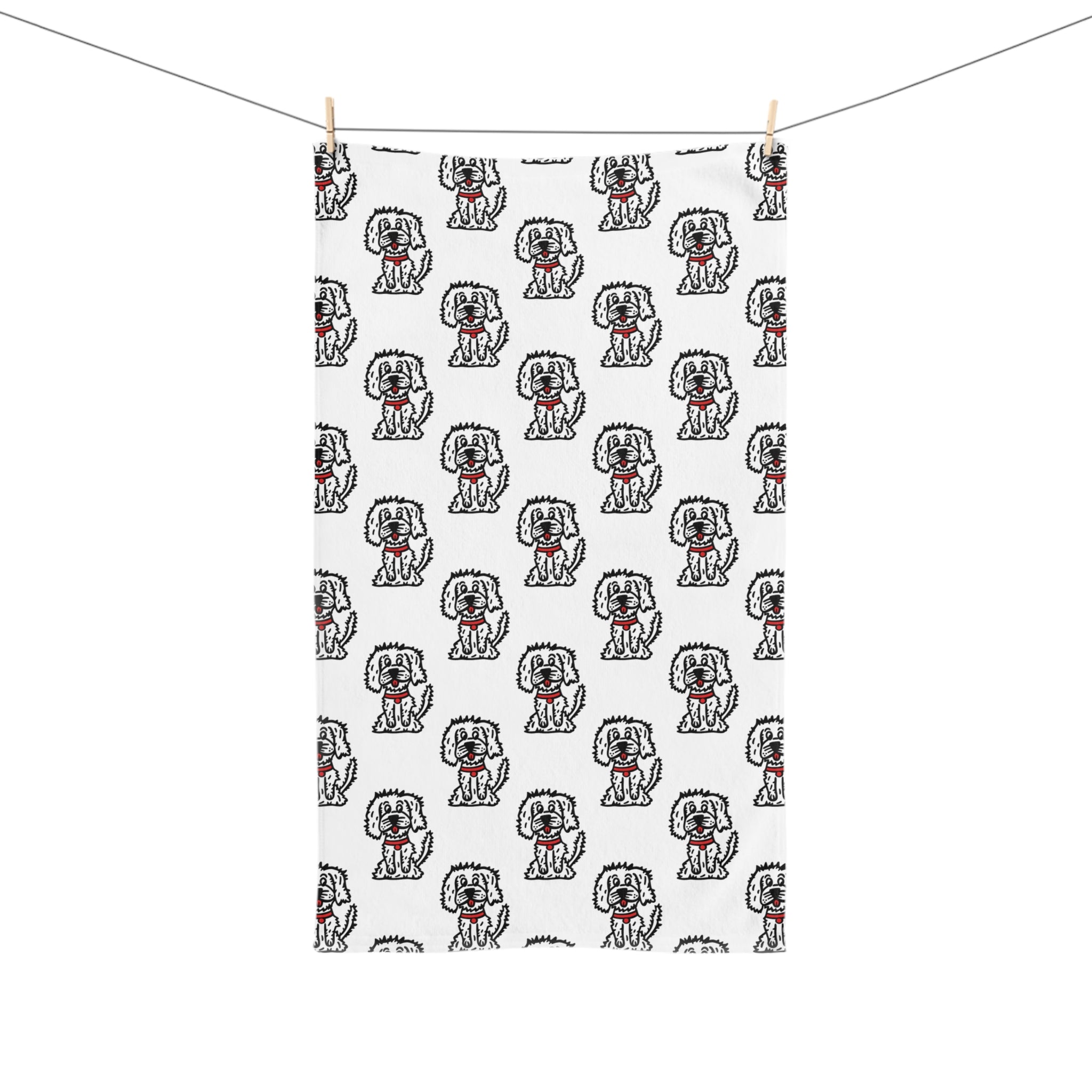 Hand-Drawn Cartoon Fluffy White Dog with Red Collar Pattern Hand Towel | Cute Dog Repeat Design