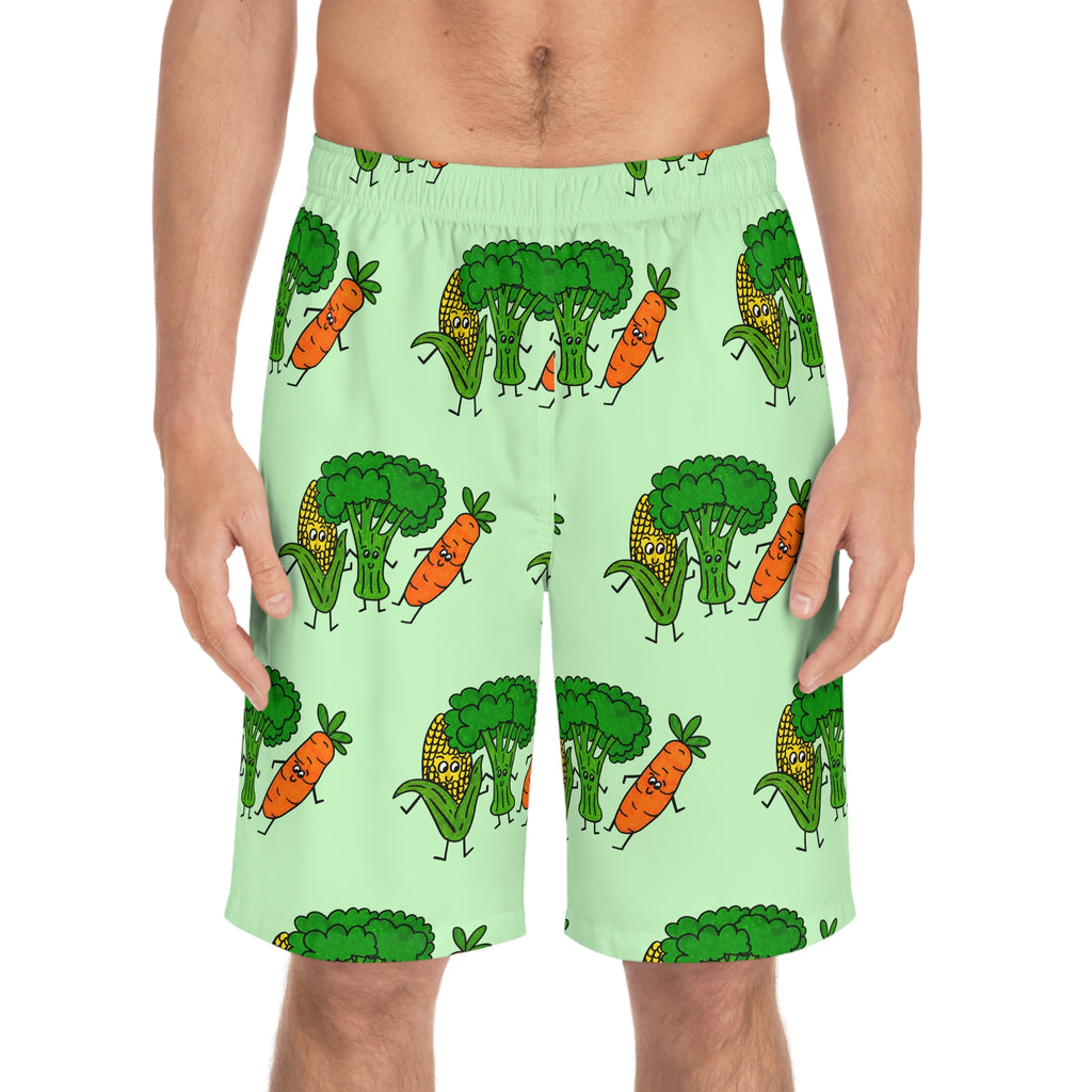 Hand-Drawn Broccoli, Corn, and Carrot Pattern Board Shorts | All-Over Print