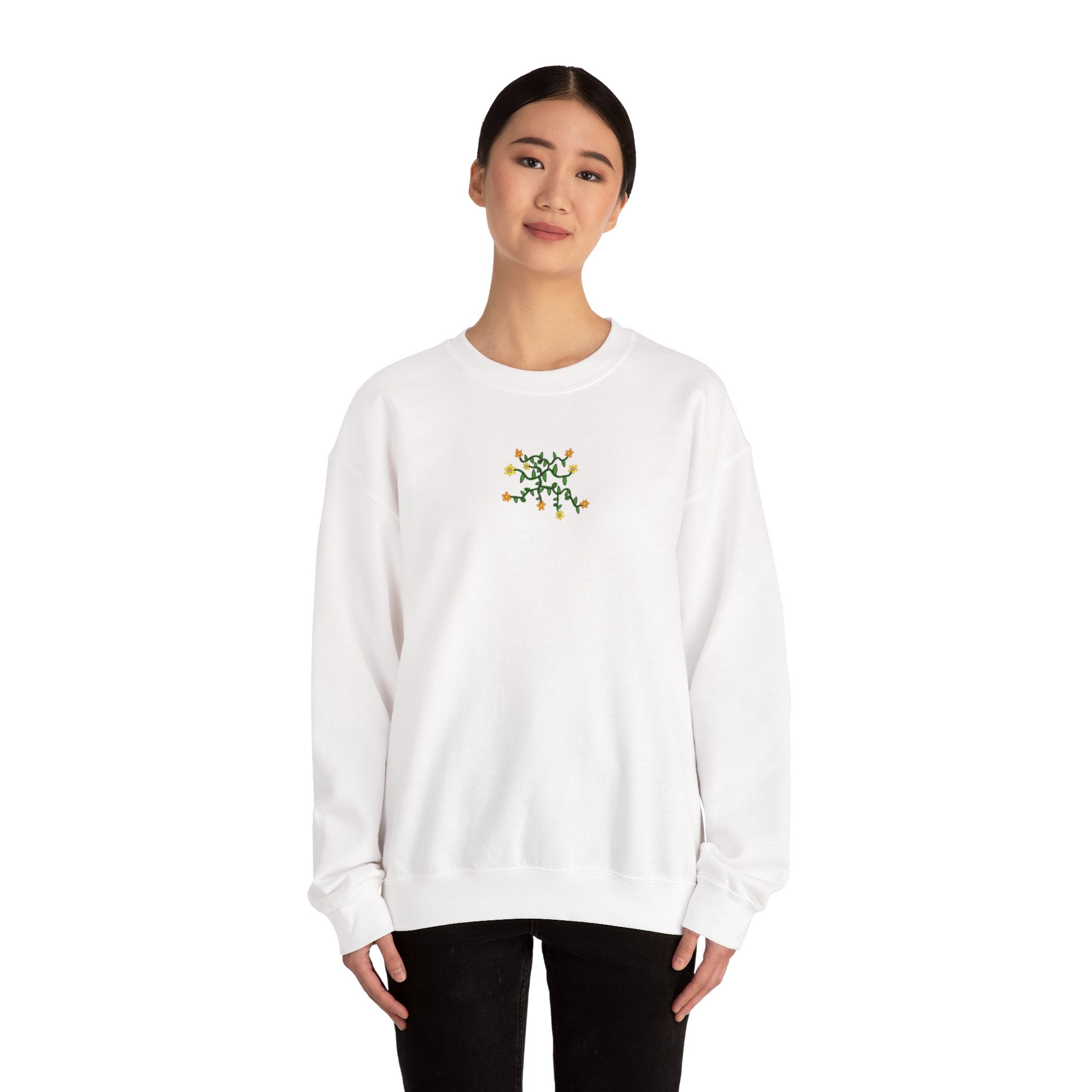 Hand-Drawn Yellow Orange Pink Flowers on Green Vine Sweatshirt
