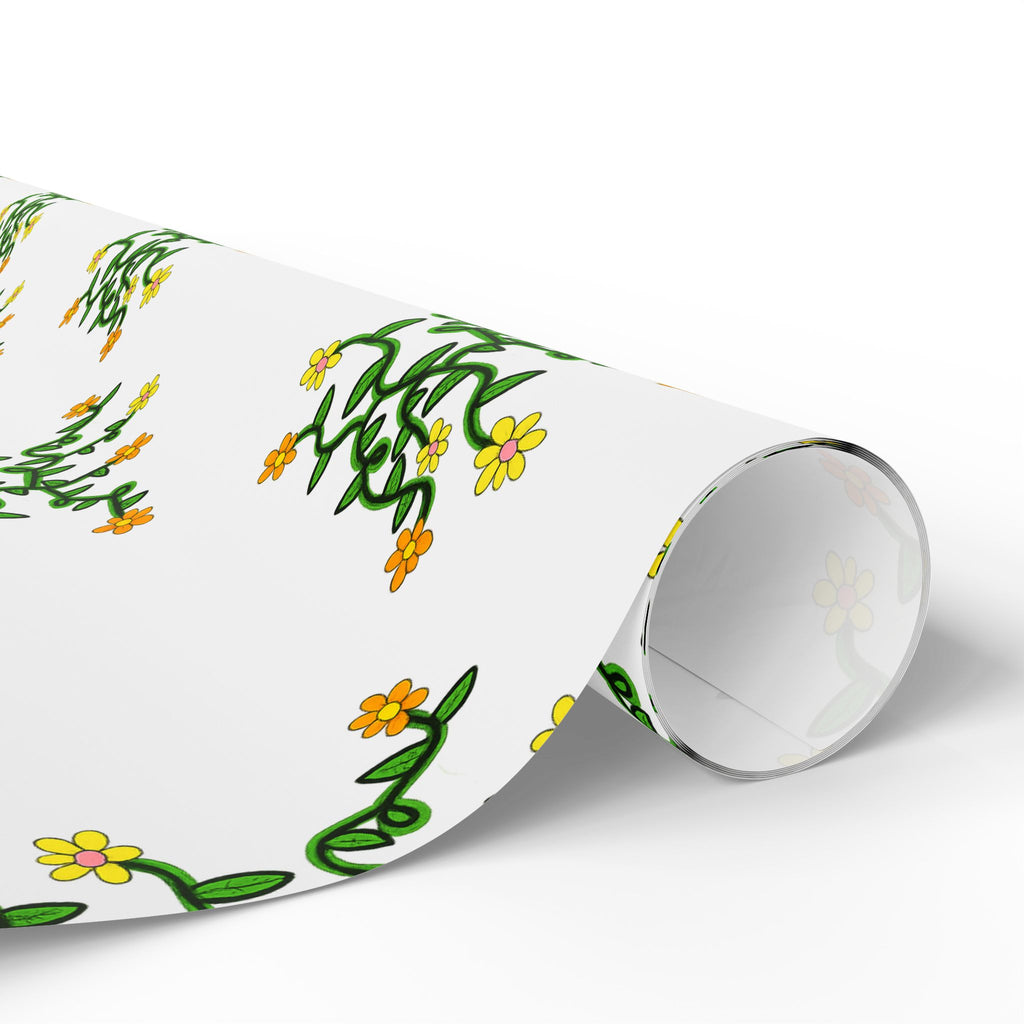 Hand-Drawn Yellow Orange Pink Flowers on Green Vine Wrapping Papers