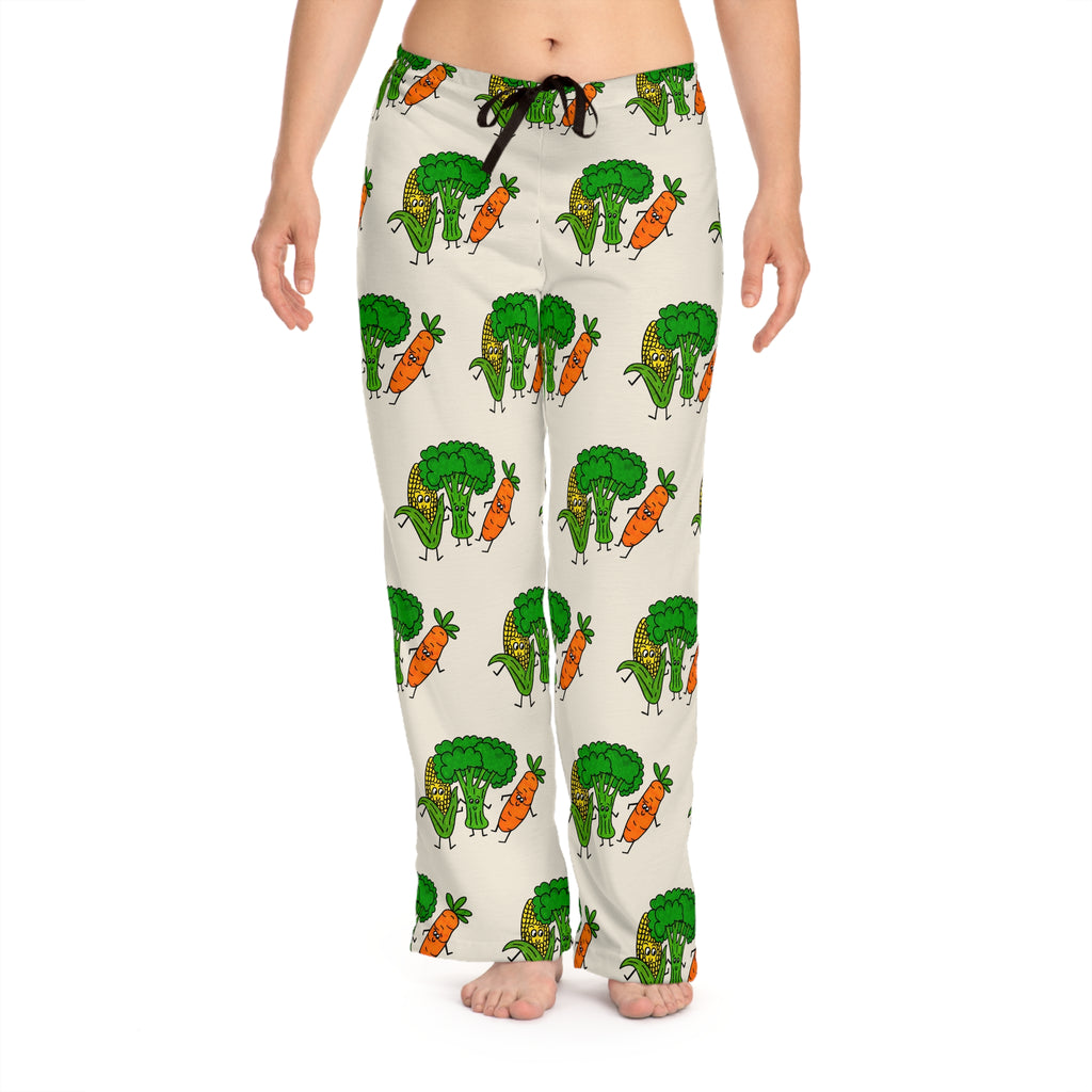 Hand-Drawn Broccoli, Corn, and Carrot Pattern Pajama Pants | Vegetable Print Lounge Pants