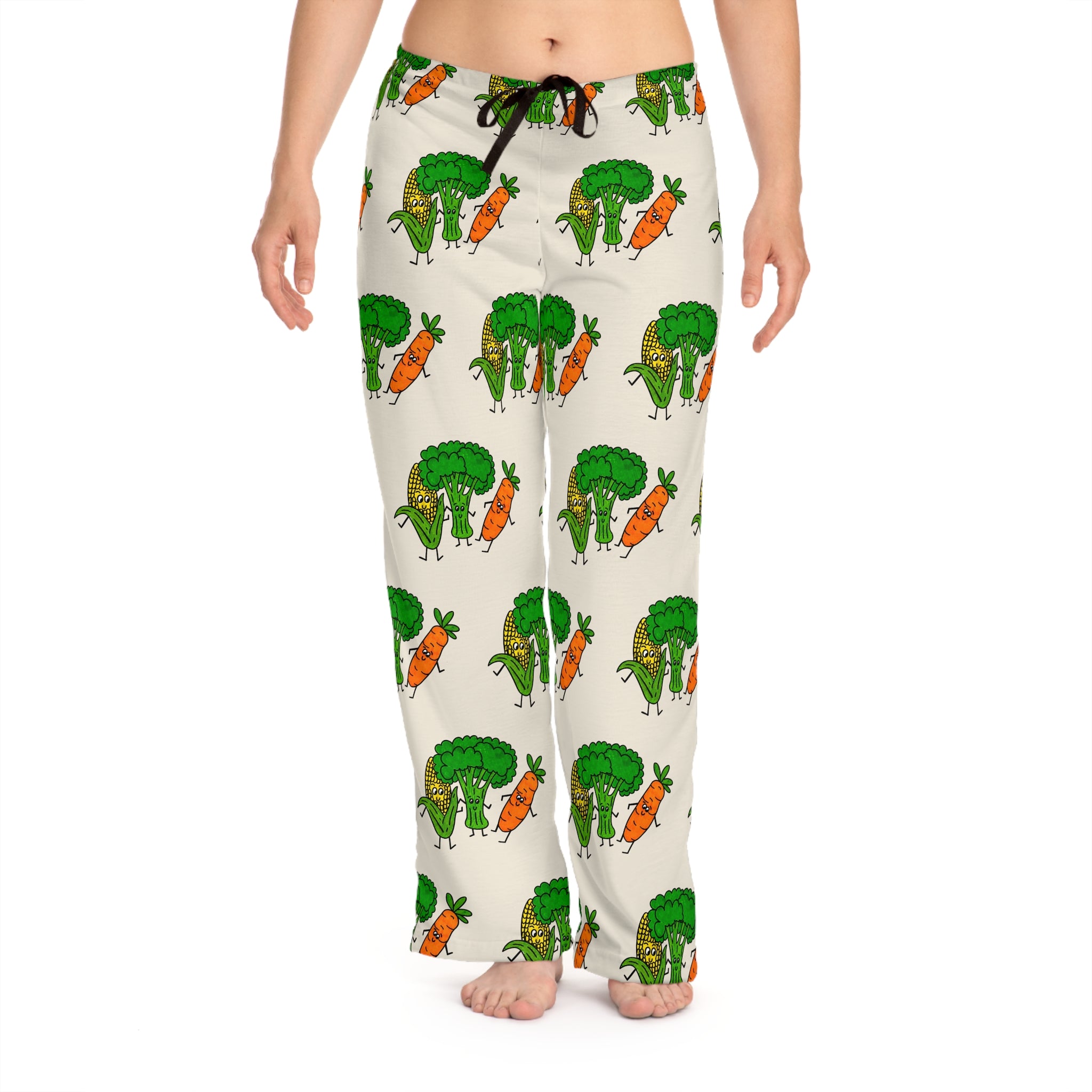 Hand-Drawn Broccoli, Corn, and Carrot Pattern Pajama Pants | Vegetable Print Lounge Pants