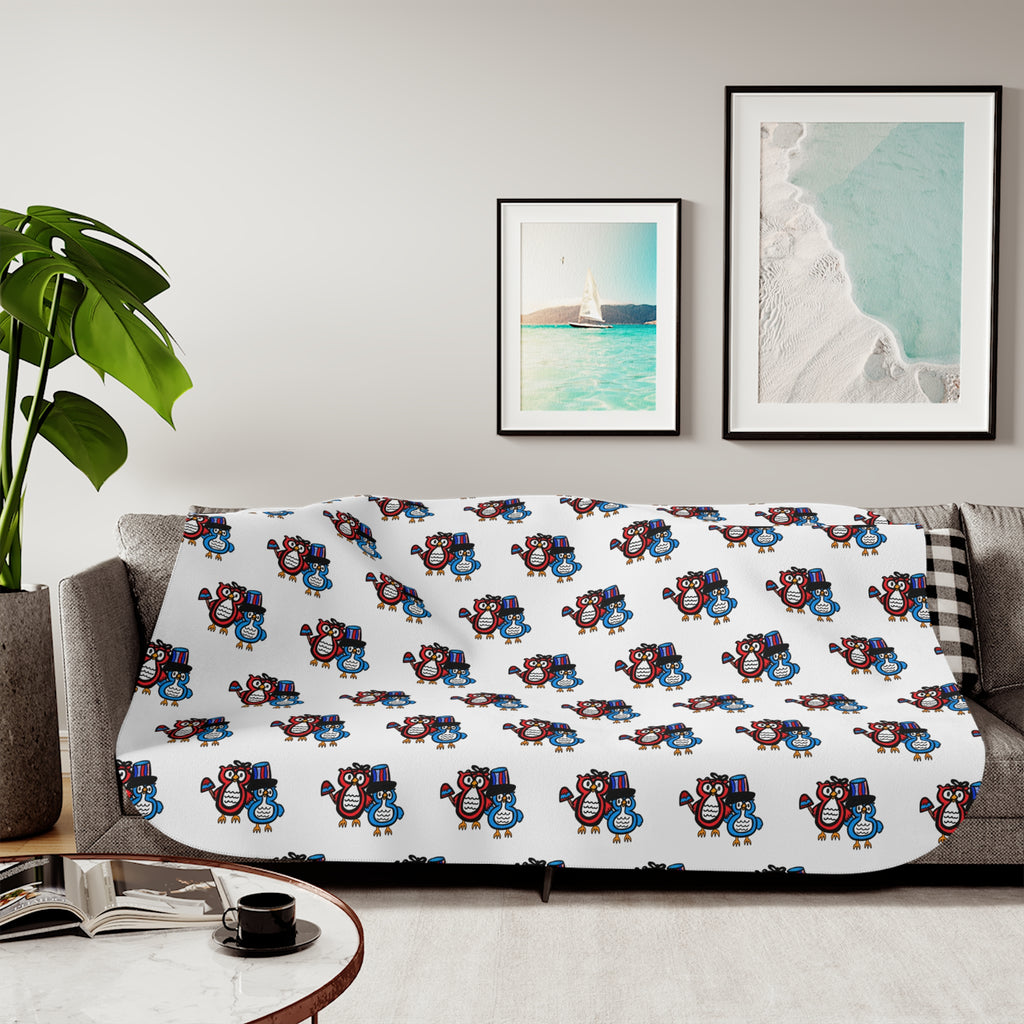 Hand-Drawn Blue and Red Patriotic Owl Pattern Sherpa Blanket | Repeating Whimsical Design
